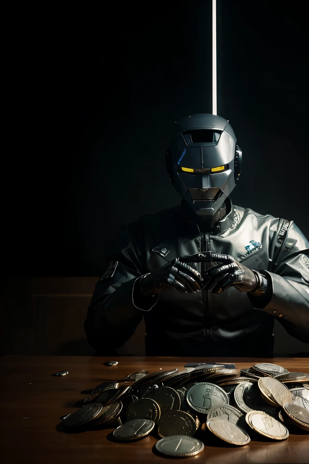 dark background, dollars and coins are falling against the background, photo on a phone with good quality.
the main character is a robot. he has files in his hands