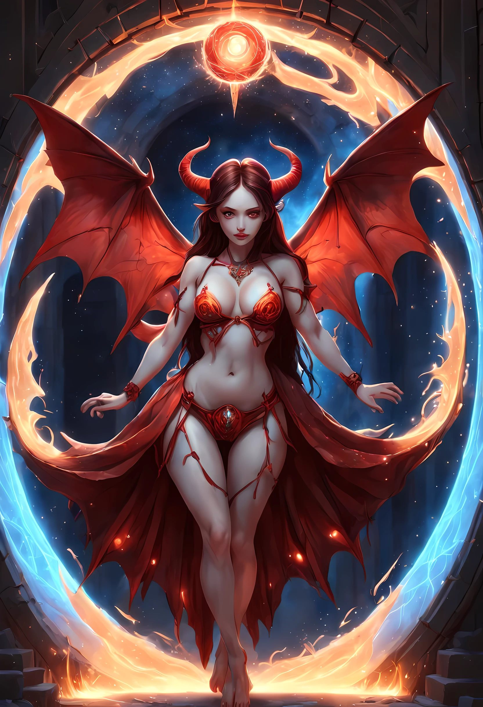 high details, best quality, 16k, [best detailed], masterpiece, best quality, (extremely detailed), a picture of a beautiful succubus looking through a (magical portal: 1.3), dynamic clothing onto heaven, the portal has magical red magical wards on it, she sees the starry heavens and bliss of heaven , GlowingRunes_paleblue, 