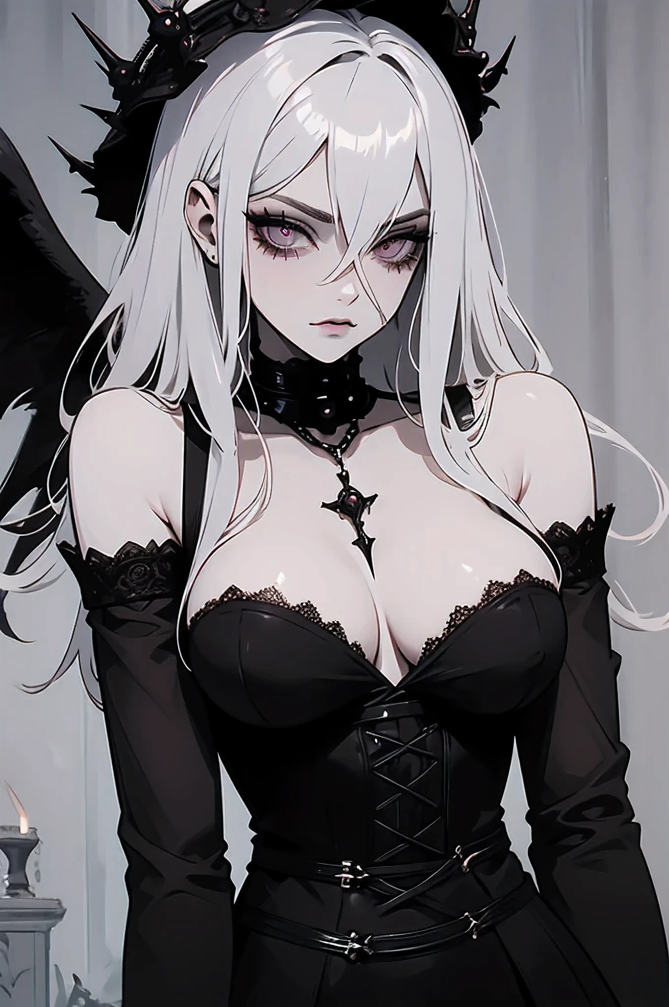 Create the image of a beautiful gothic girl with evil powers Her eyes are black thus revealing her dark powers She has an evil smile Her body is sensual And sculptural seducing whoever sees her She is wearing a microskirt And wearing a corset Her skin is pale the girl of the image is sensual and dangerous at the same time With surreal details The expression on his face is one of perversion and death The sclerae of his eyes are black The style of the image is of terror