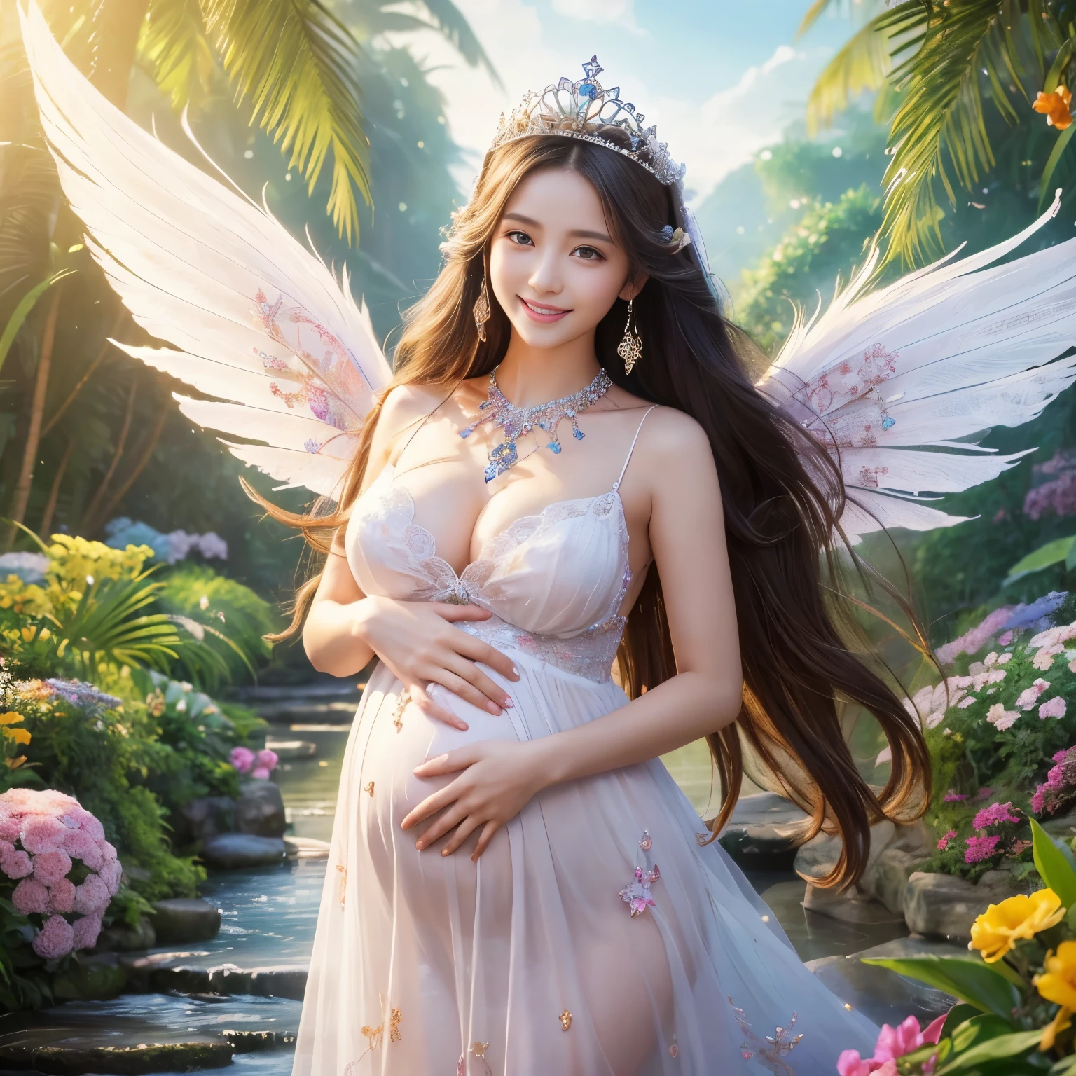 (highest quality、table top、8K、best image quality、hyper realism)、Uniquely beautiful angel queen、angel princess in heaven、Angel wings shining in a fairy tale、angel feathers、perfect angel wings、(Top quality giant tiara、The finest giant jewelry、finest jewelry decoration)、maternal、pregnancy、highly detailed face、upper body photo、big breasts、(look at me最大の笑顔、The happiest smile), look at me、long hair fluttering in the wind, (Colorful flower garden、Colorful flower garden、A paradise of colorful flowers), The most luxurious pure white dress、accurate anatomy、fairy tale atmosphere、fairy tale sparkle、sacred waterfall、(heavenly atmosphere、A treasure trove of beautiful nature、paradise、Mystical Heaven、paradis)、Shining beautiful skin
