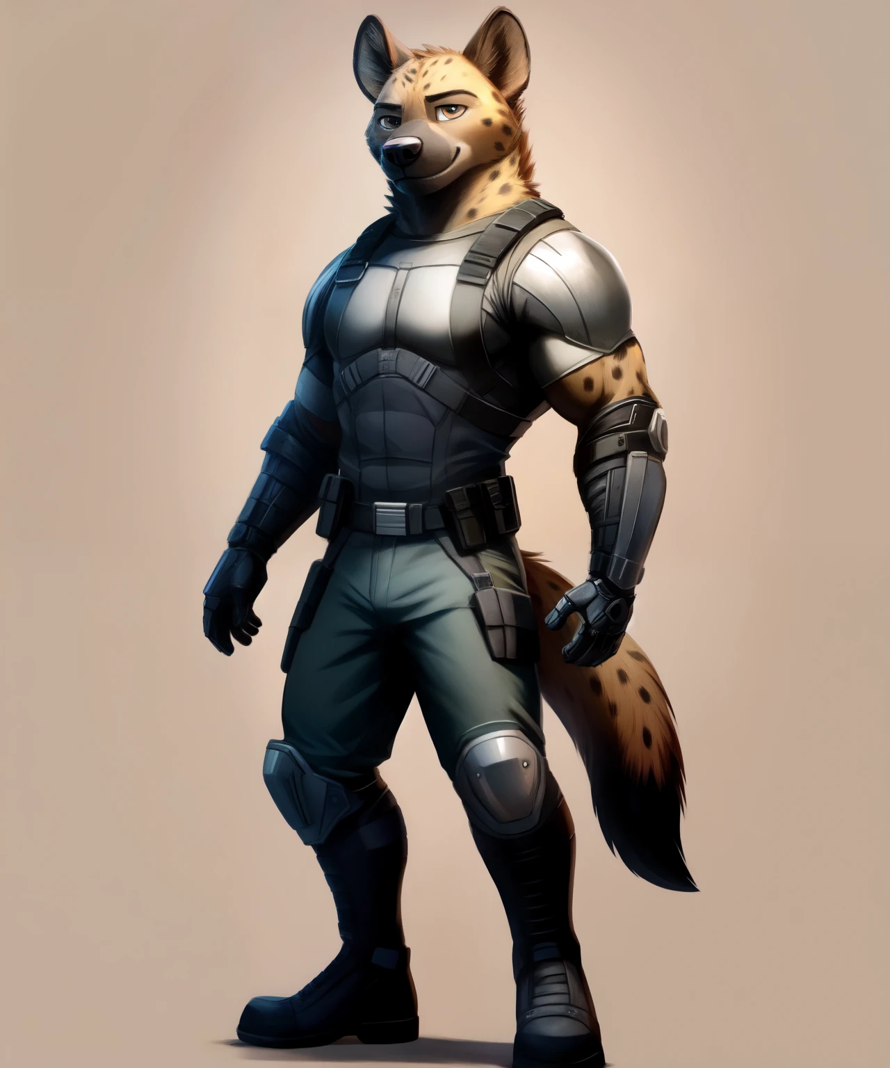 Bucky Barnes as an hyena, left metal arm, Zootopia style, full body