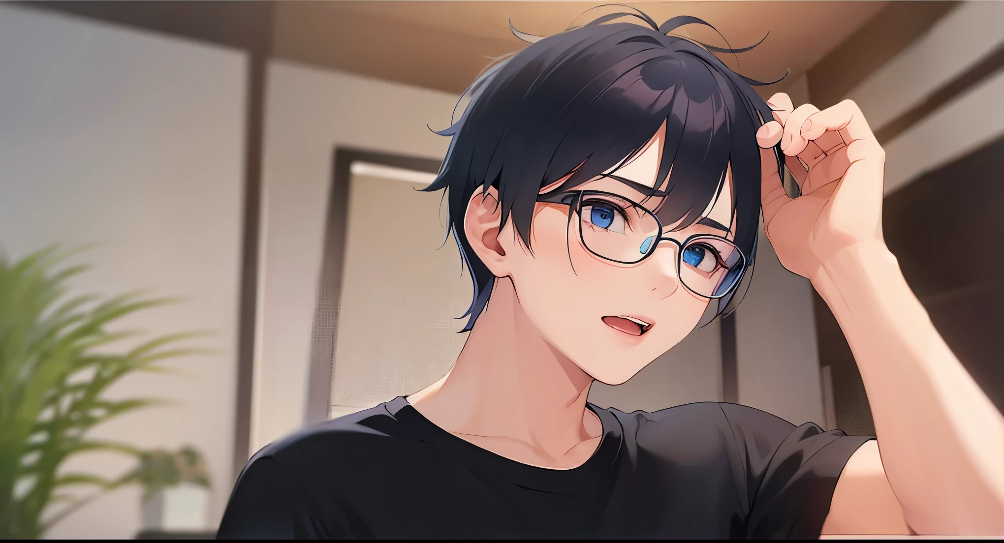The background is a blurred living room、wall、ceiling
