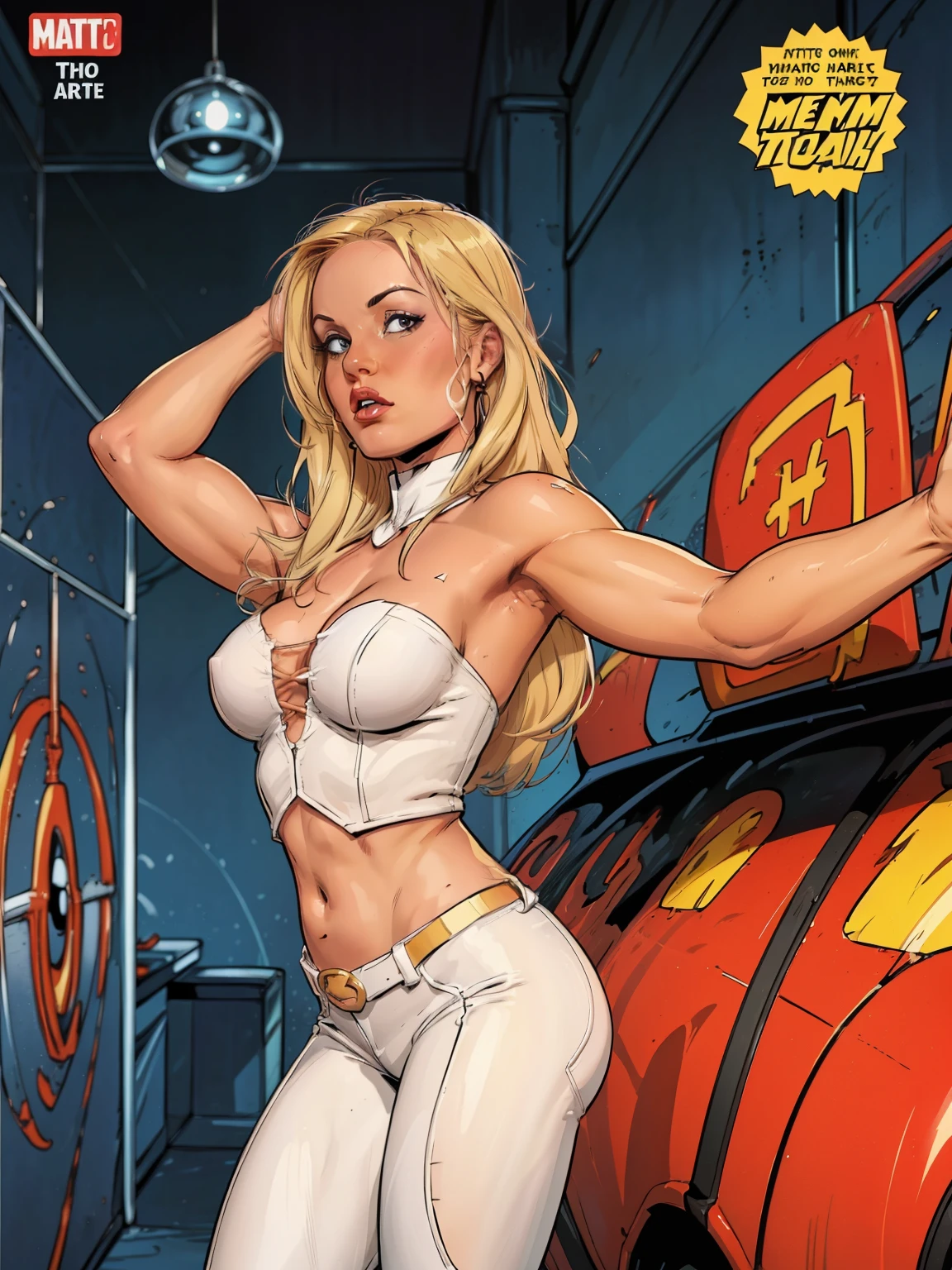 (((A comical style, arte dos desenhos animados))). Emma Frost posando para foto (((in epic heroic pose))) , wearing his iconic X-Men uniform, ((wearing white pants)) . A concentrated expression. The vibrant color combination of the uniform stands out against the background, capturing the dynamic and powerful moment of Emma Frost's unique ability. (((corpo quente, Dedos de camelo))). ((((abstract comic background )))) , cores vivas, detalhado, detalhado face, sombras realistas e brilhantes, brilhante.