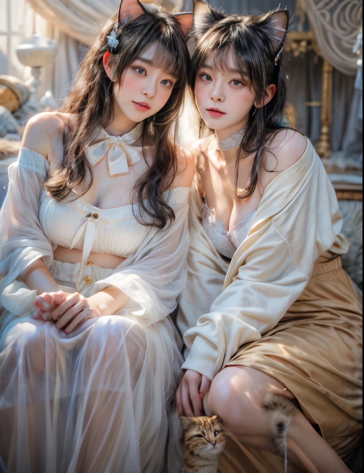 masterpiece、highest quality、cinema、(Detailed both eyes)、(cute japanese woman、bangs:1.3)、23 years old、2 girls、elegant、black hair、(auraroid photo:1.4)、(Cat ear:1.4)、Poland、lingerie