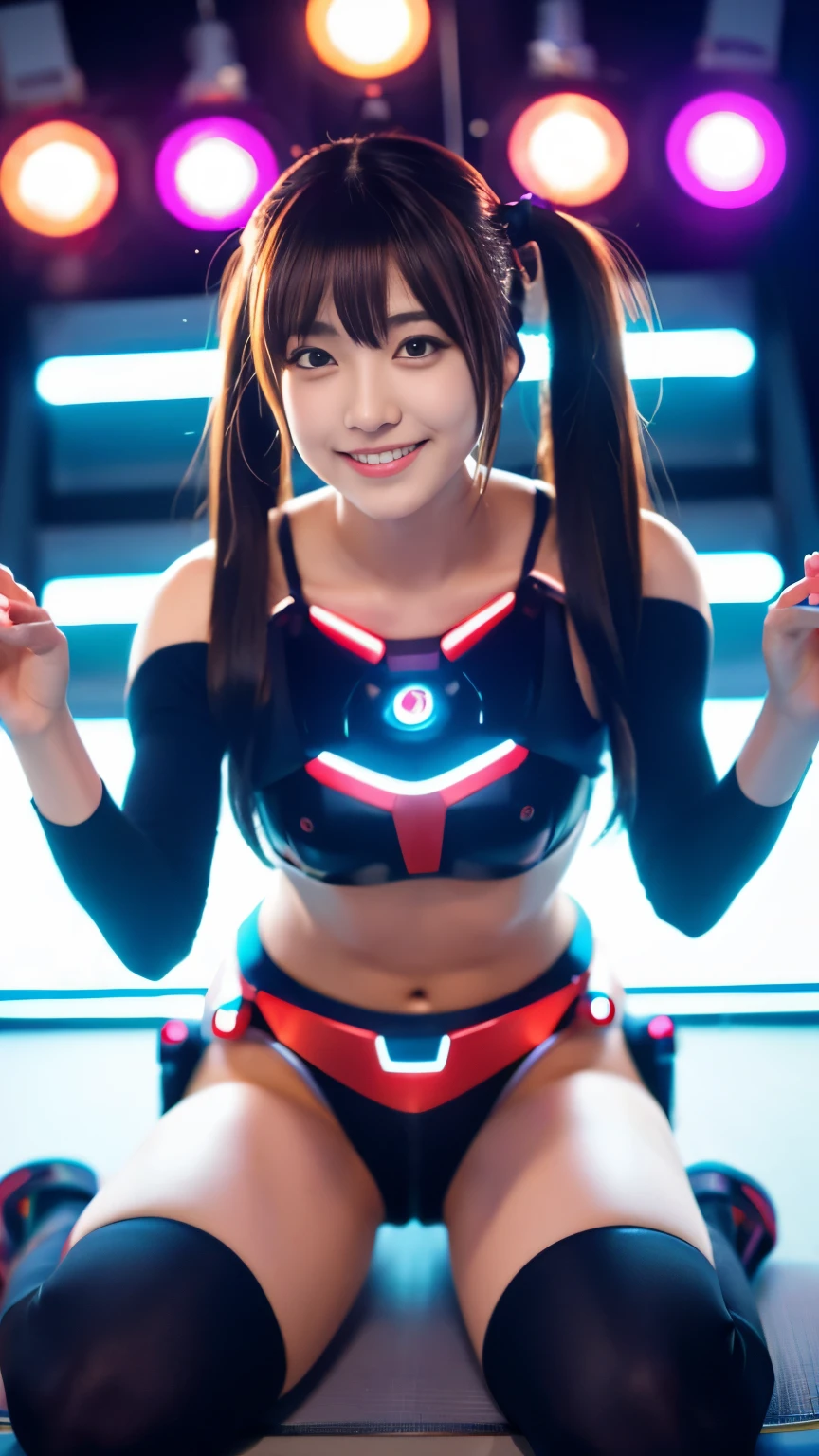 (4K), (highest quality), (best details), (surreal), Japanese,girl,smile,thighs:1.2,twin tails:1.5:operating a robot,Full body Esbian:1.5,correct anatomy,cinematic lighting,view from below