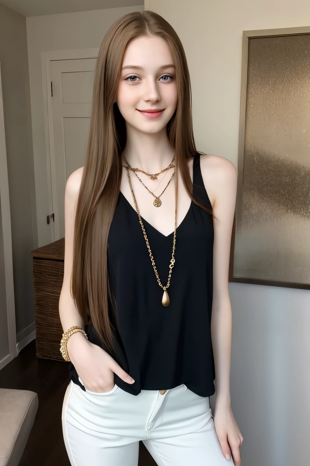 high quality, 1girl in, age19, very pale skin, Solo, Long hair, Looking at Viewer, brownhair, Brown eyes, looking directly at viewer, a necklace, Realistic, cute, skinny, full body, smiling
