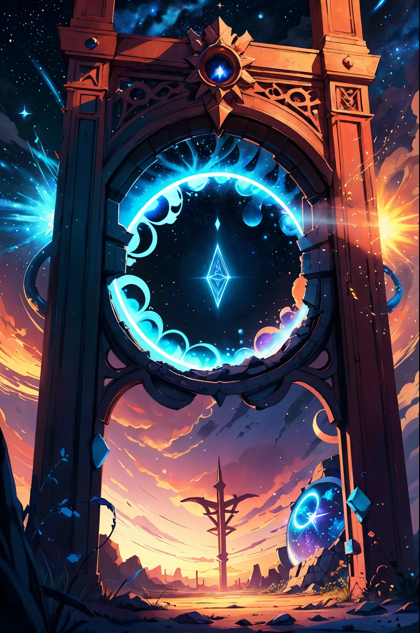 high details, best quality, 16k, [best detailed], masterpiece, best quality, (extremely detailed), a picture (magical portal: 1.3),  onto heaven, the portal has magical red magical wards on it, she sees the starry heavens and bliss of heaven , GlowingRunes_paleblue, 