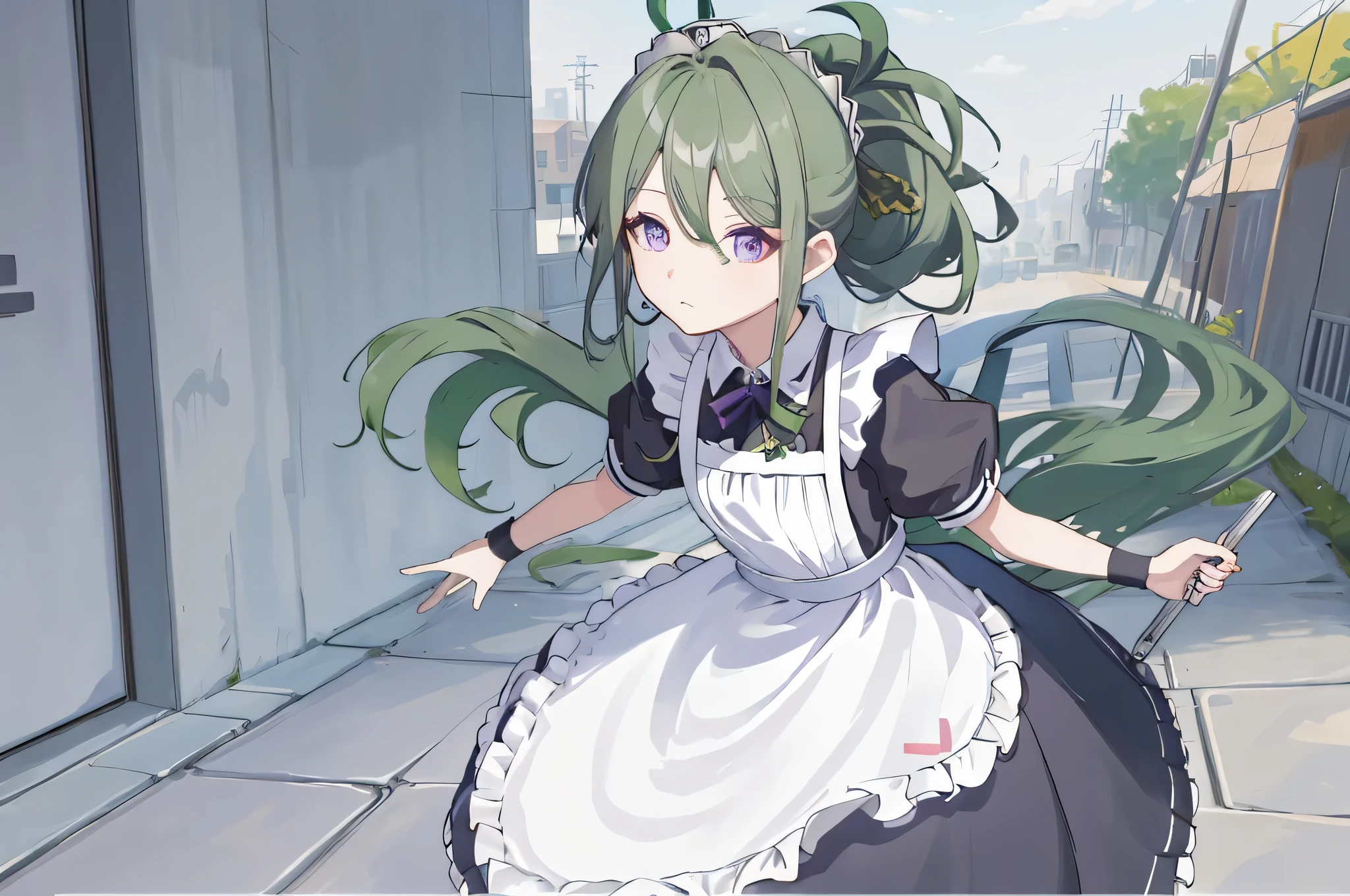 highest quality, masterpiece, High resolution, alone, {maid:1.40}, {long maid dress:1.15}, {Kuki_Shinobu_Genshin:1.15}, (green_hair), purple_eye, 前hair, ponytail, hair_between_eye, hair_ornament, chest,simple background,Alley behind the building,((Upper body)),