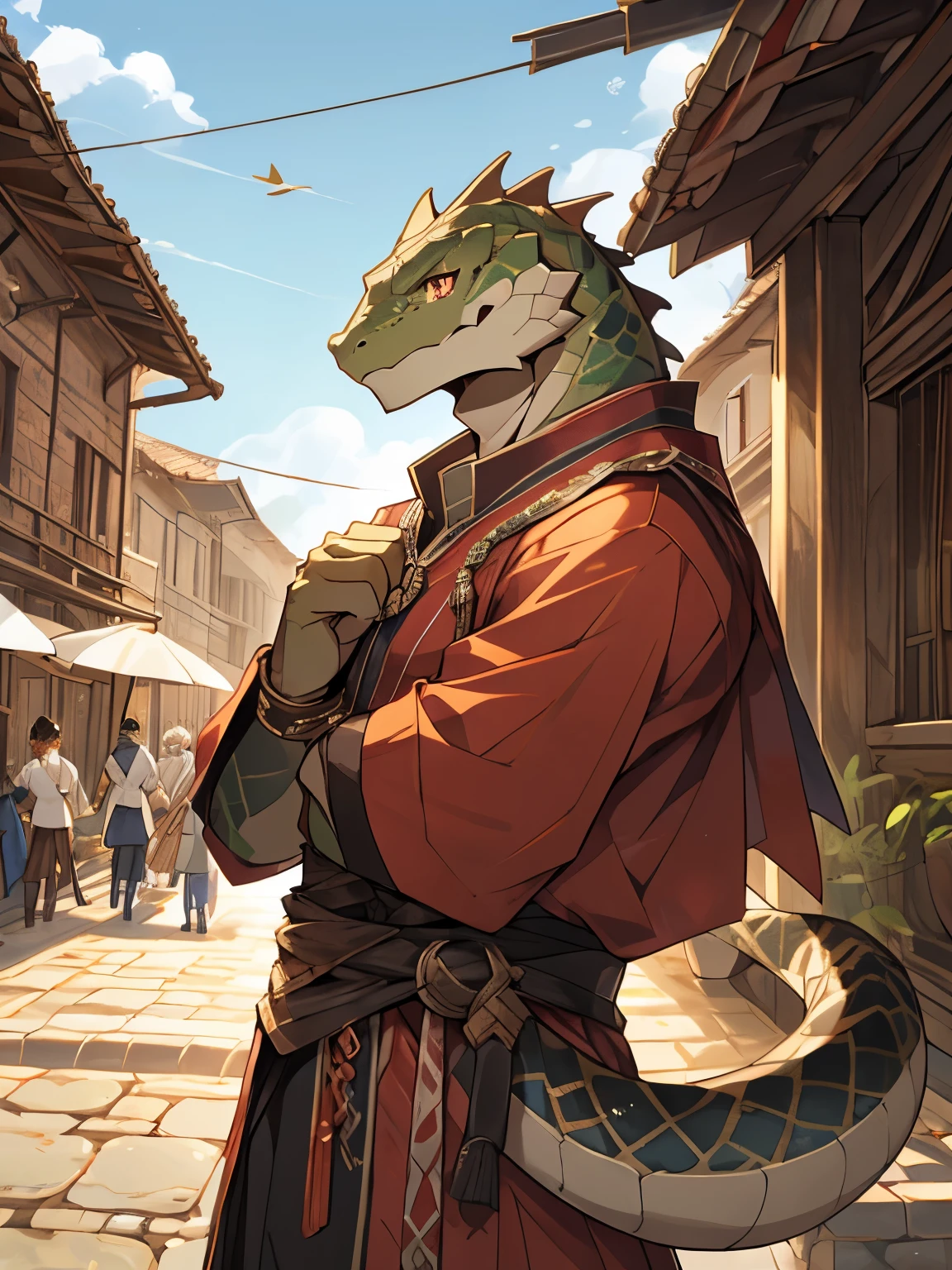 lizard, alone, Eye, (thin and long), slim, (Eye anthro snake):1.3, Dark red body scales, white belly, (Kanno:1.4), scally, 细致的Eye, snake tail, ((human portrait)), , (细致的Eye, 黄Eye, 明亮的Eye):1.1, On the terrace of a house in a medieval town, he is a servant, The art of math, masterpiece, anime style.