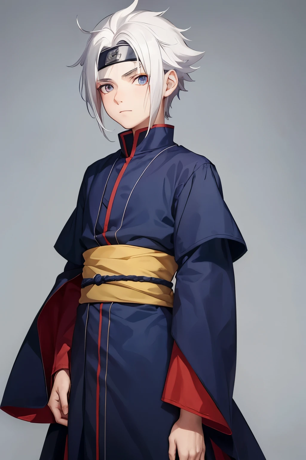 An boy with 12 years old, white hair with curled ends, dark blue clothes with red details and wide sleeves. In the naruto art style