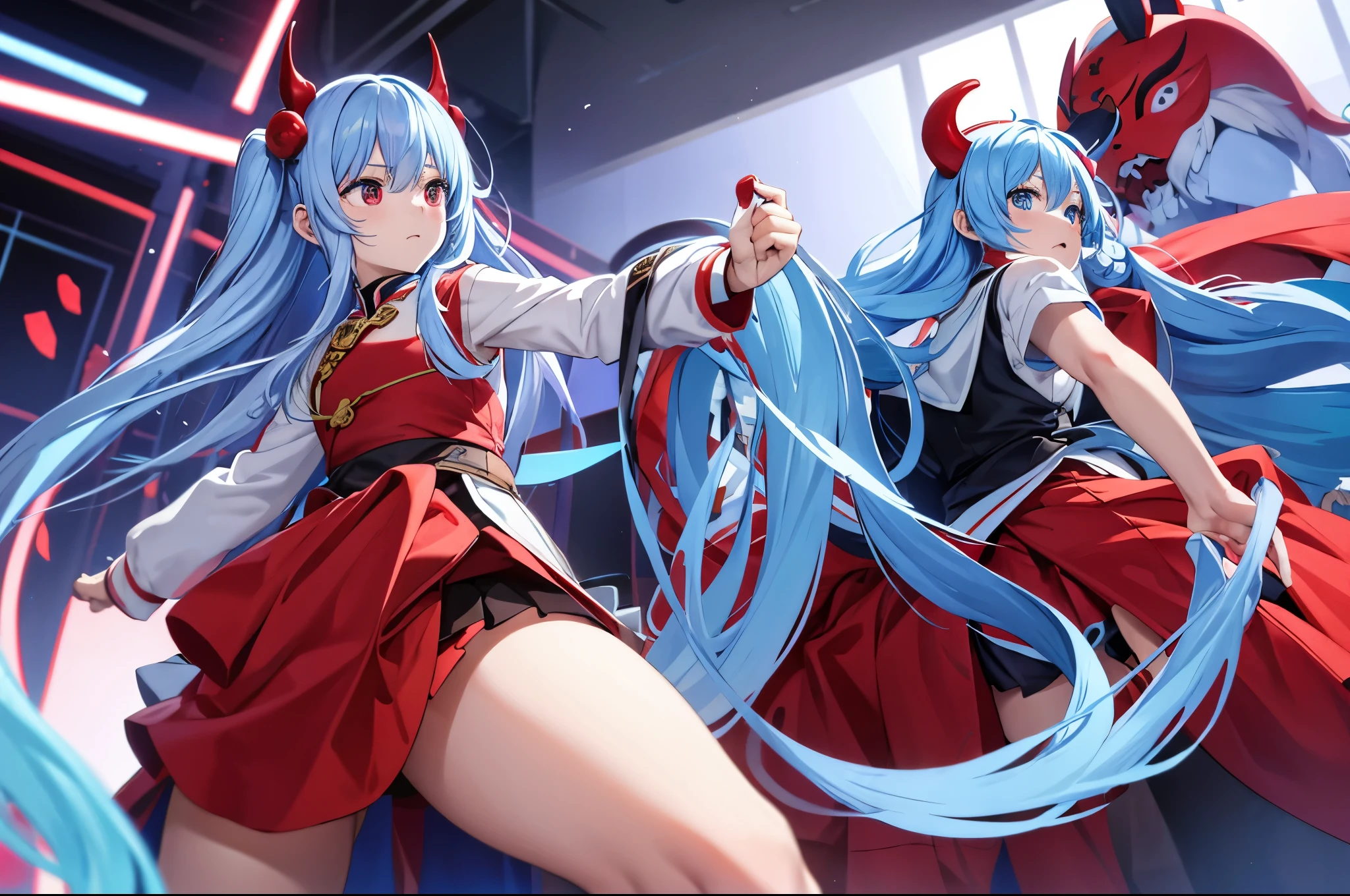 inside the house、light blue long hair、Twin-tailed girl,Dynamic mode、 Chase the person wearing a red demon mask、throw beans、throw beans、Face-to-face audience,  