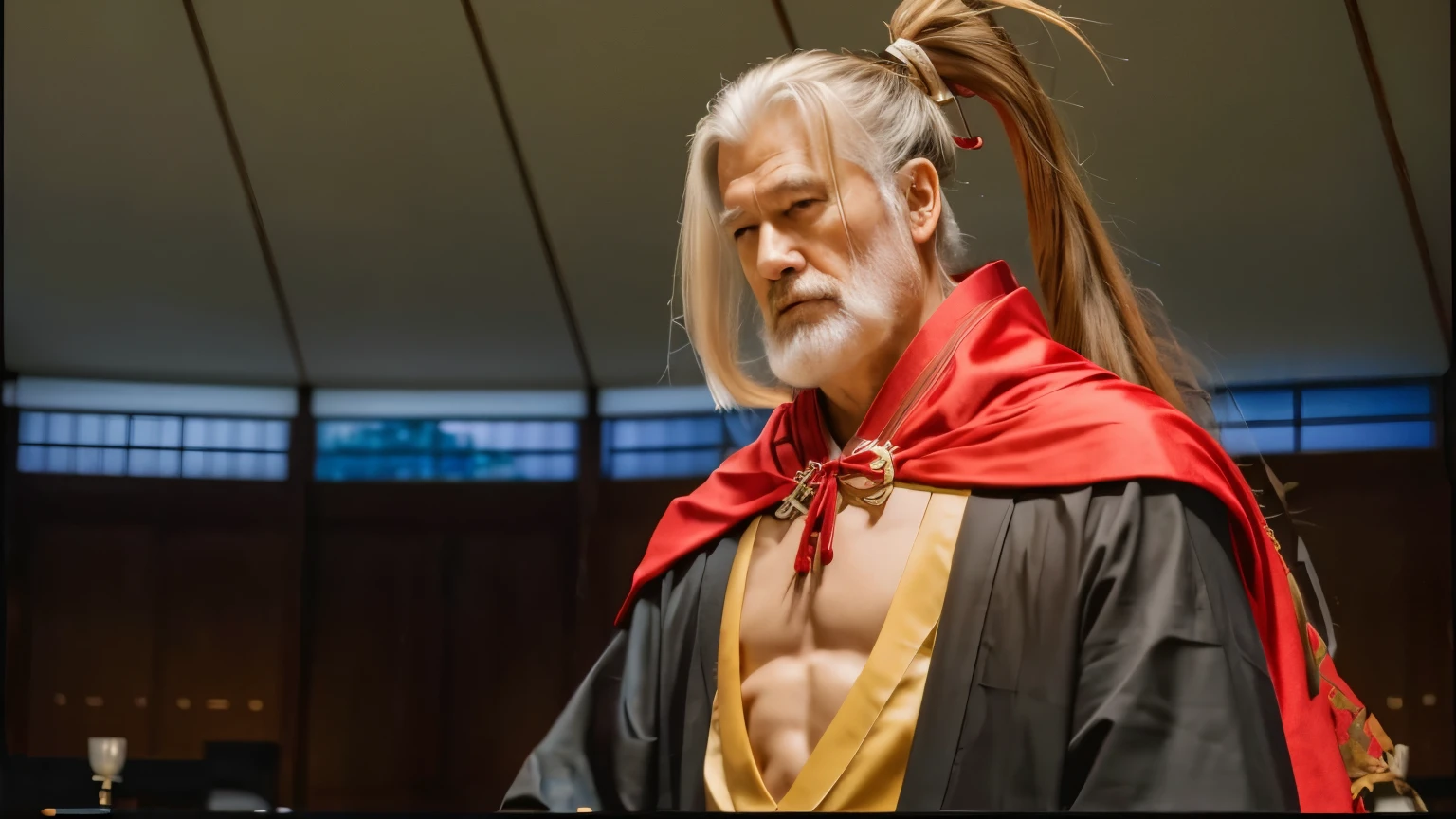 (Best quality, 8k, 32k, Masterpiece, UHD:1.2), old man, white long hair, wearing samurai suit, red cape