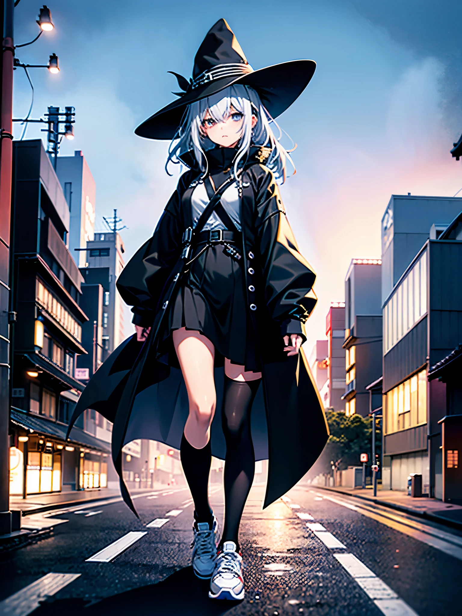 An adult woman lingering on the roof of a building overlooking the night view of Tokyo and the sea.、She has medium long, loose white hair and wears a large black witch hat with sapphire accessories.、her appearance is stylish、she is wearing a long black coat、I'm wearing a white T-shirt、Black long skirt、Black sneakers with white shoelaces、black tights、Black Short Leggings、2D illustration、Japan anime、drawn by Japanese ilastrator、high resolution、4K quality、high quality、High resolution、5 million pixels、high detail、No correction