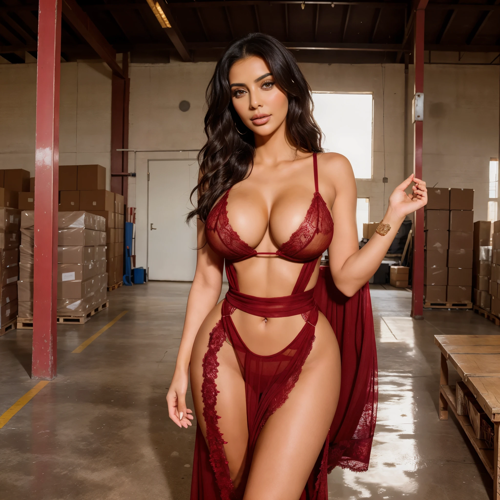a woman posing for a picture, arabic goddess, traditional beauty, arabic, beautiful goddess, middle eastern girl, arabic super model, beautiful, gorgeous woman, middle eastern with long, sweet shy arabic, gorgeous beautiful woman, Arabian aesthetic, beautiful middle eastern girl, extremely detailed goddess shot, jaw-dropping beauty, big deep cleavage, ,full height, in a empty big commercial warehouse,, ((g-size breasts)) full body shot, Kim k body , tits out, breasts out, ((naked)) red lace dress, maxi red lace dress with a thigh slit, wearing a beautiful gown dress