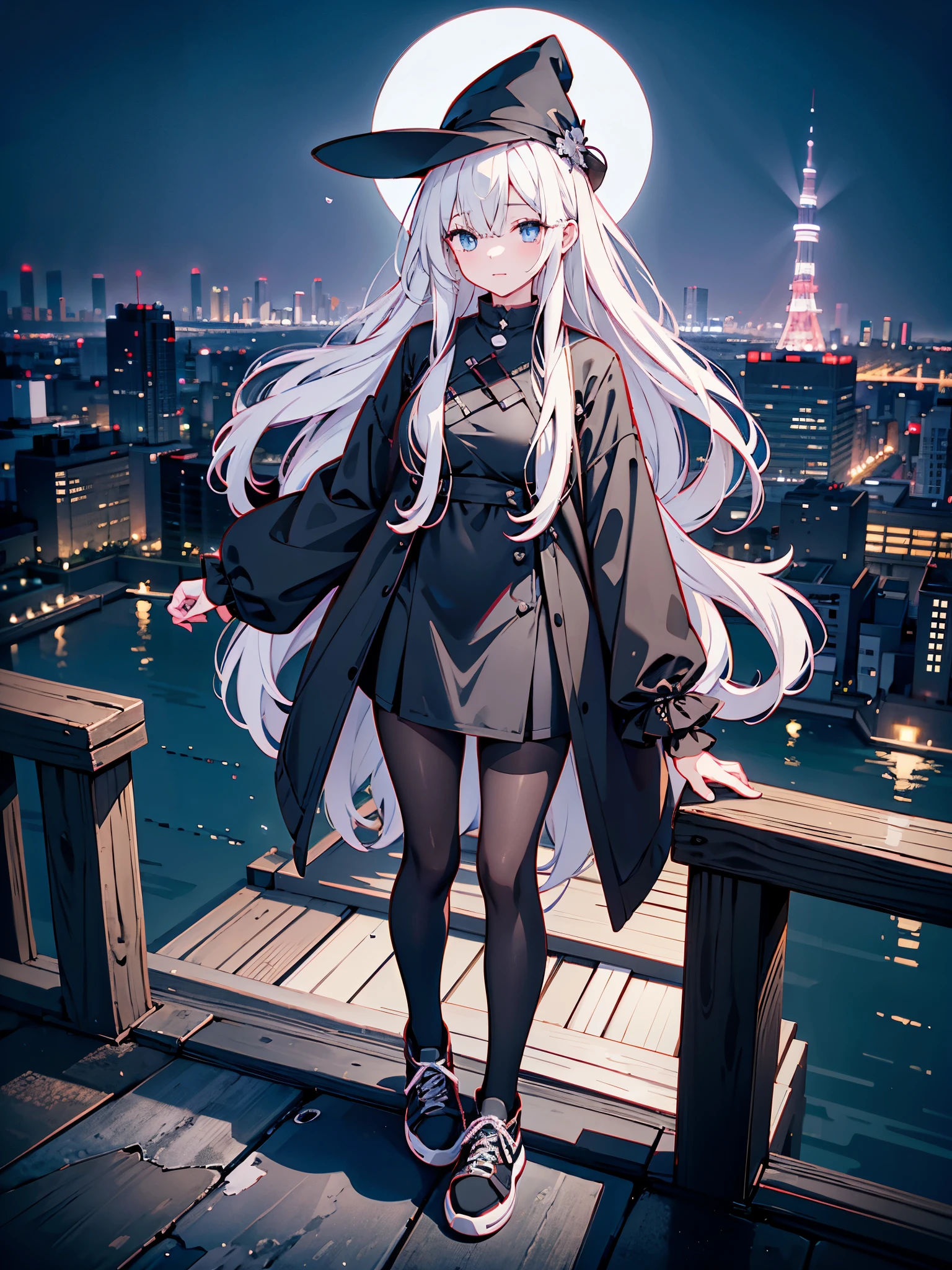 An adult woman lingering on the roof of a building overlooking the night view of Tokyo and the sea.、She has medium long, loose white hair and wears a large black witch hat with sapphire accessories.、her appearance is stylish、she is wearing a long black coat、I'm wearing a white T-shirt、Black long skirt、Black sneakers with white shoelaces、black tights、Black Short Leggings、2D illustration、Japan anime、drawn by Japanese ilastrator、high resolution、4K quality、high quality、High resolution、5 million pixels、high detail、No correction