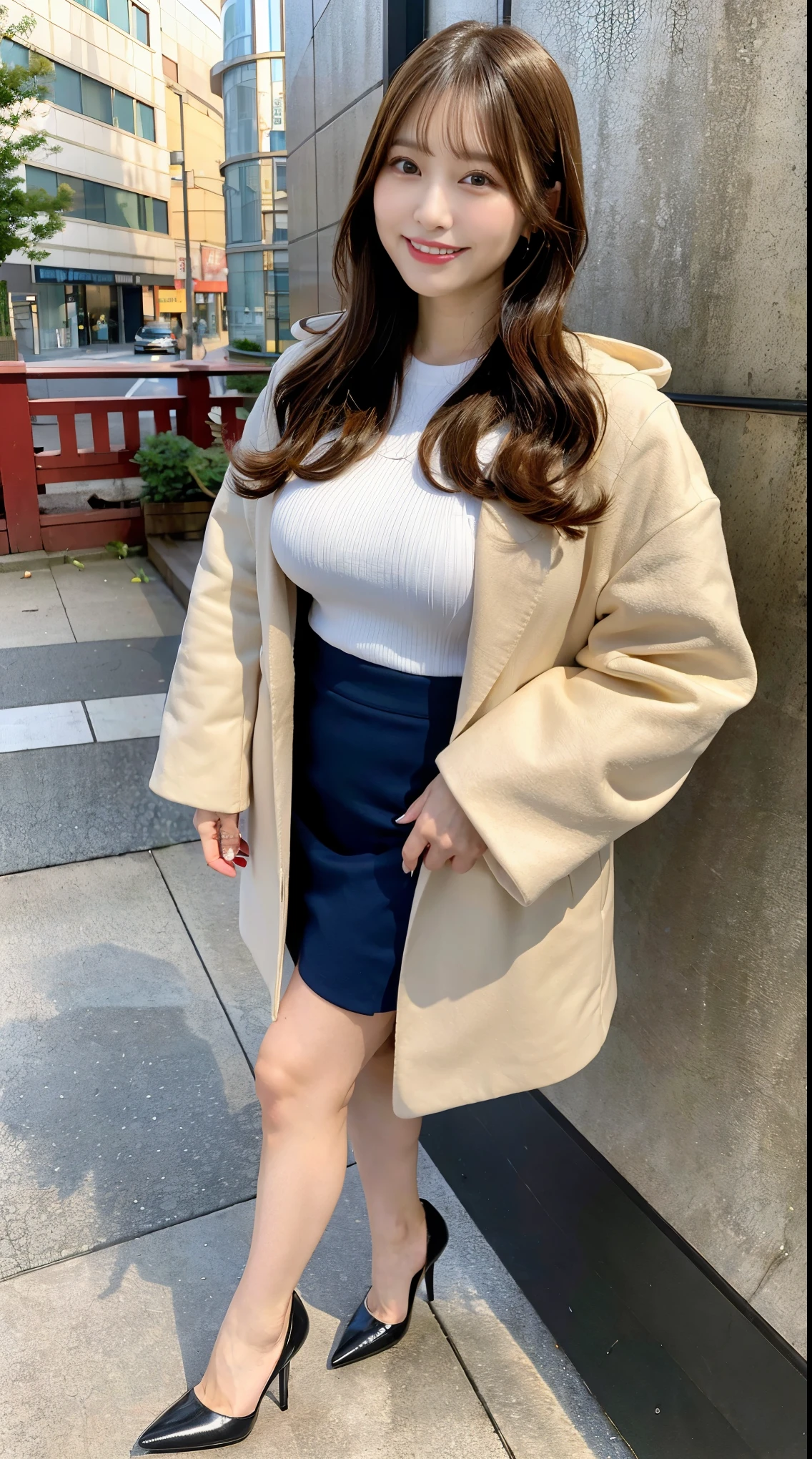((highest quality)), ((masterpiece)), (be familiar with), perfect face, smile, big breasts, Japanese, perfect style, thick legs, Are standing, shirt,skirt,high heels,whole body, showing teeth, looking at the camera, big breastsの谷間, coat