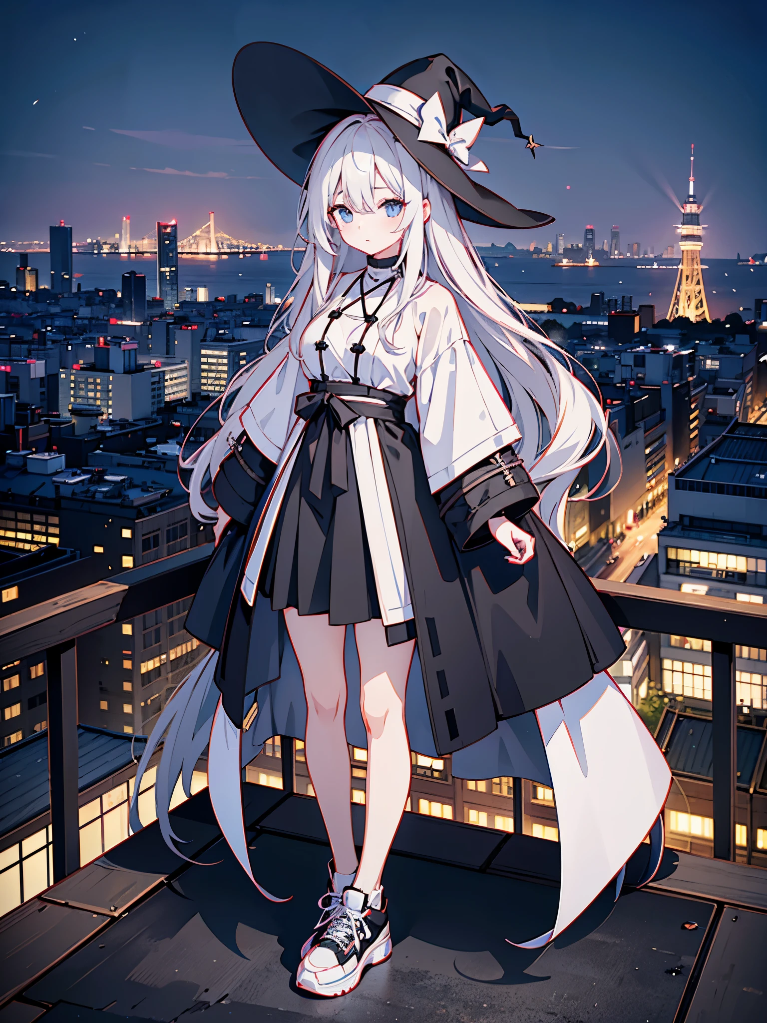 An adult woman lingering on the roof of a building overlooking the night view of Tokyo and the sea.、She has medium long, loose white hair and wears a large black witch hat with sapphire accessories.、her appearance is stylish、she is wearing a long black coat、I'm wearing a white T-shirt、Black long skirt、Black sneakers with white shoelaces、black tights、Black Short Leggings、2D illustration、Japan anime、drawn by Japanese ilastrator、high resolution、4K quality、high quality、High resolution、5 million pixels、high detail、No correction