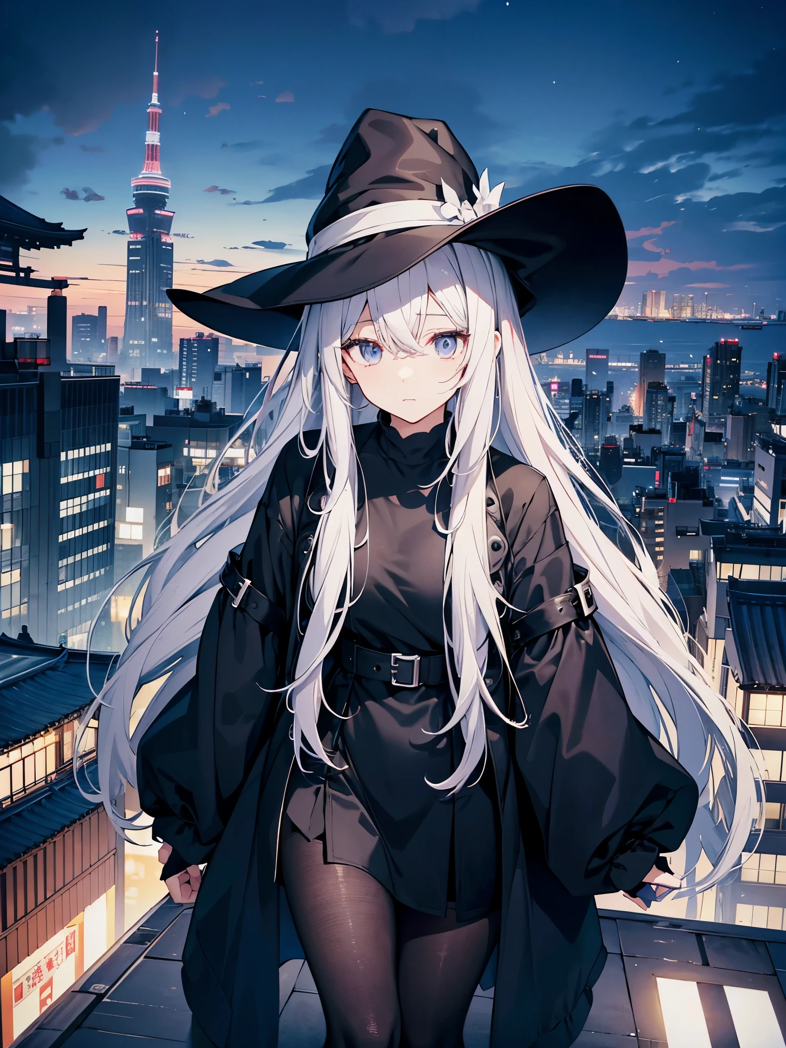 An adult woman lingering on the roof of a building overlooking the night view of Tokyo and the sea.、She has medium long, loose white hair and wears a large black witch hat with sapphire accessories.、her appearance is stylish、she is wearing a long black coat、I'm wearing a white T-shirt、Black long skirt、Black sneakers with white shoelaces、black tights、Black Short Leggings、2D illustration、Japan anime、drawn by Japanese ilastrator、high resolution、4K quality、high quality、High resolution、5 million pixels、high detail、No correction