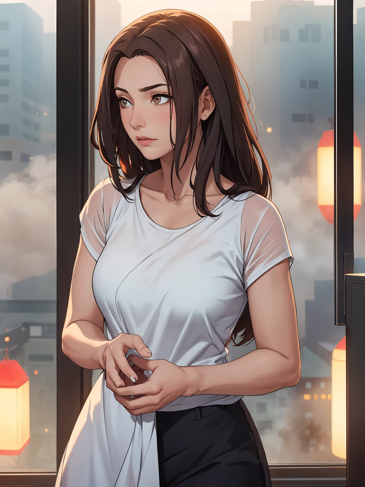 career woman, beautiful, and confident, dark long hair with red gebreide muts, seductiveness, atractive and sweet, looking down, Defocused Bokeh, flare, slightly tanned skin, cold and foggy in spring morning, photo --ar 1:2 --q 2