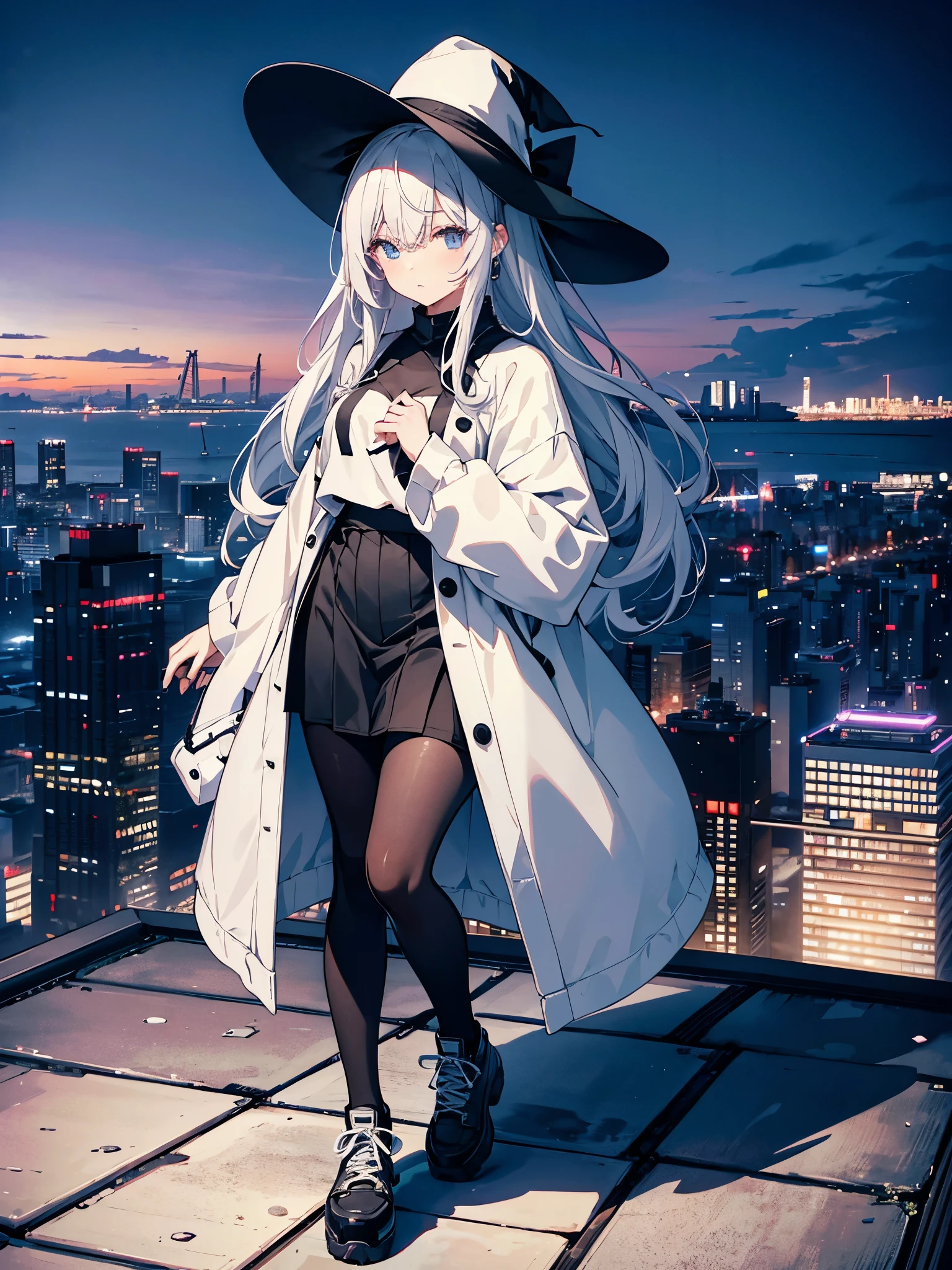 An adult woman lingering on the roof of a building overlooking the night view of Tokyo and the sea.、She has medium long, loose white hair and wears a large black witch hat with sapphire accessories.、her appearance is stylish、she is wearing a long black coat、I&#39;m wearing a white T-shirt、Black long skirt、Black sneakers with white shoelaces、black tights、Black Short Leggings、2D illustration、Japan anime、drawn by Japanese ilastrator、high resolution、4K quality、high quality、High resolution、5 million pixels、high detail、No correction