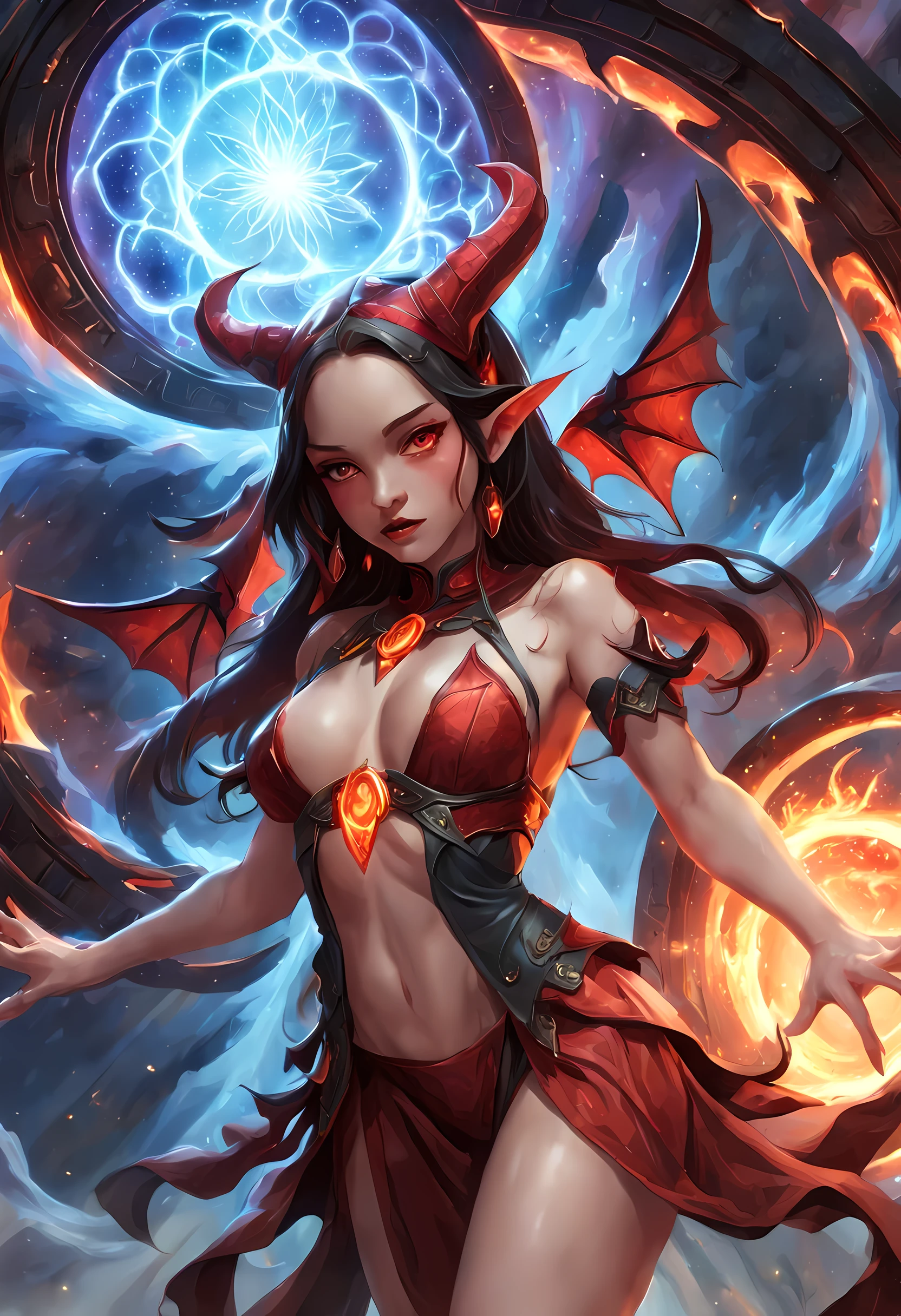 high details, best quality, 16k, [best detailed], masterpiece, best quality, (extremely detailed), a picture of a beautiful succubus looking through a (magical portal: 1.3), dynamic clothing onto heaven, the portal has magical red magical wards on it, she sees the starry heavens and bliss of heaven , GlowingRunes_paleblue, 