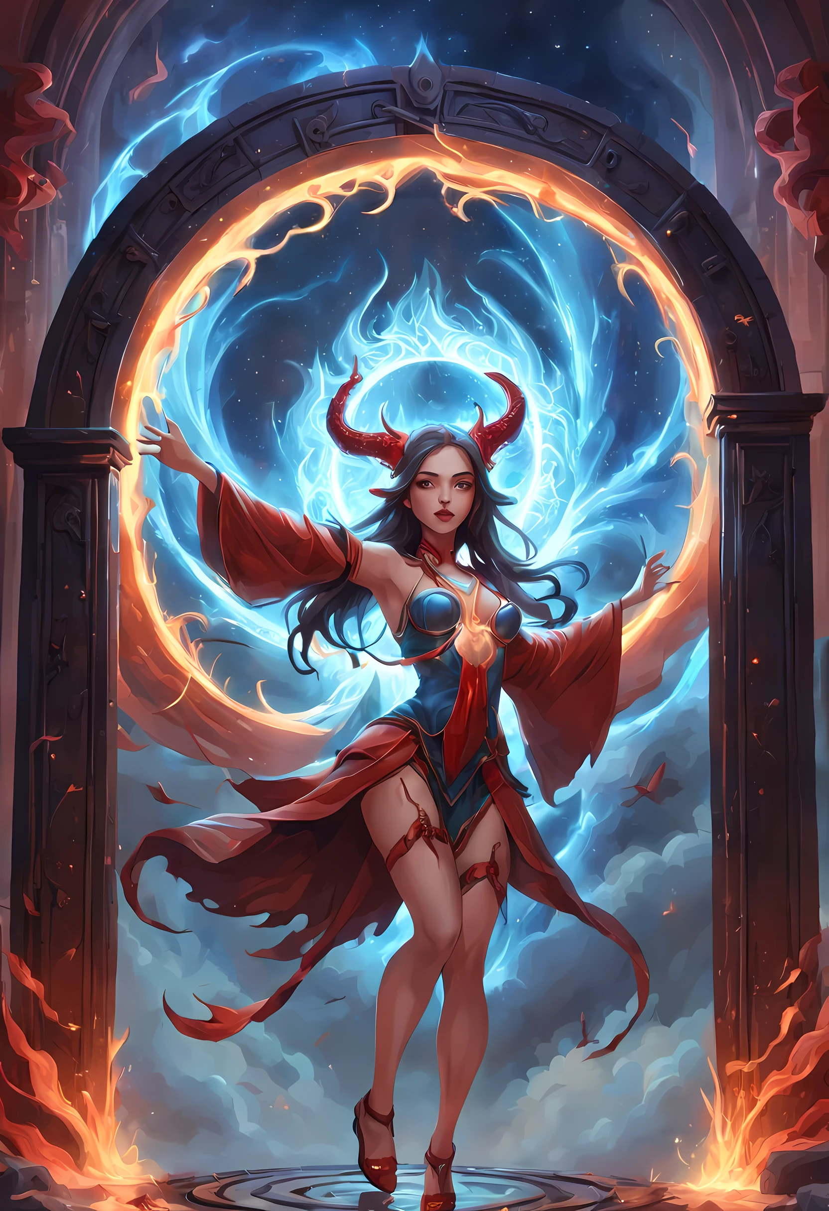 high details, best quality, 16k, [best detailed], masterpiece, best quality, (extremely detailed), a picture of a beautiful succubus looking through a (magical portal: 1.3), dynamic clothing onto heaven, the portal has magical red magical wards on it, she sees the starry heavens and bliss of heaven , GlowingRunes_paleblue, 