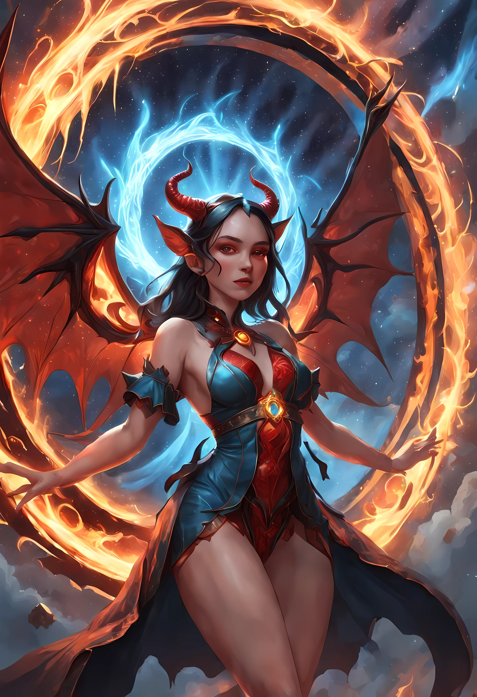 high details, best quality, 16k, [best detailed], masterpiece, best quality, (extremely detailed), a picture of a beautiful succubus looking through a (magical portal: 1.3), dynamic clothing onto heaven, the portal has magical red magical wards on it, she sees the starry heavens and bliss of heaven , GlowingRunes_paleblue, 