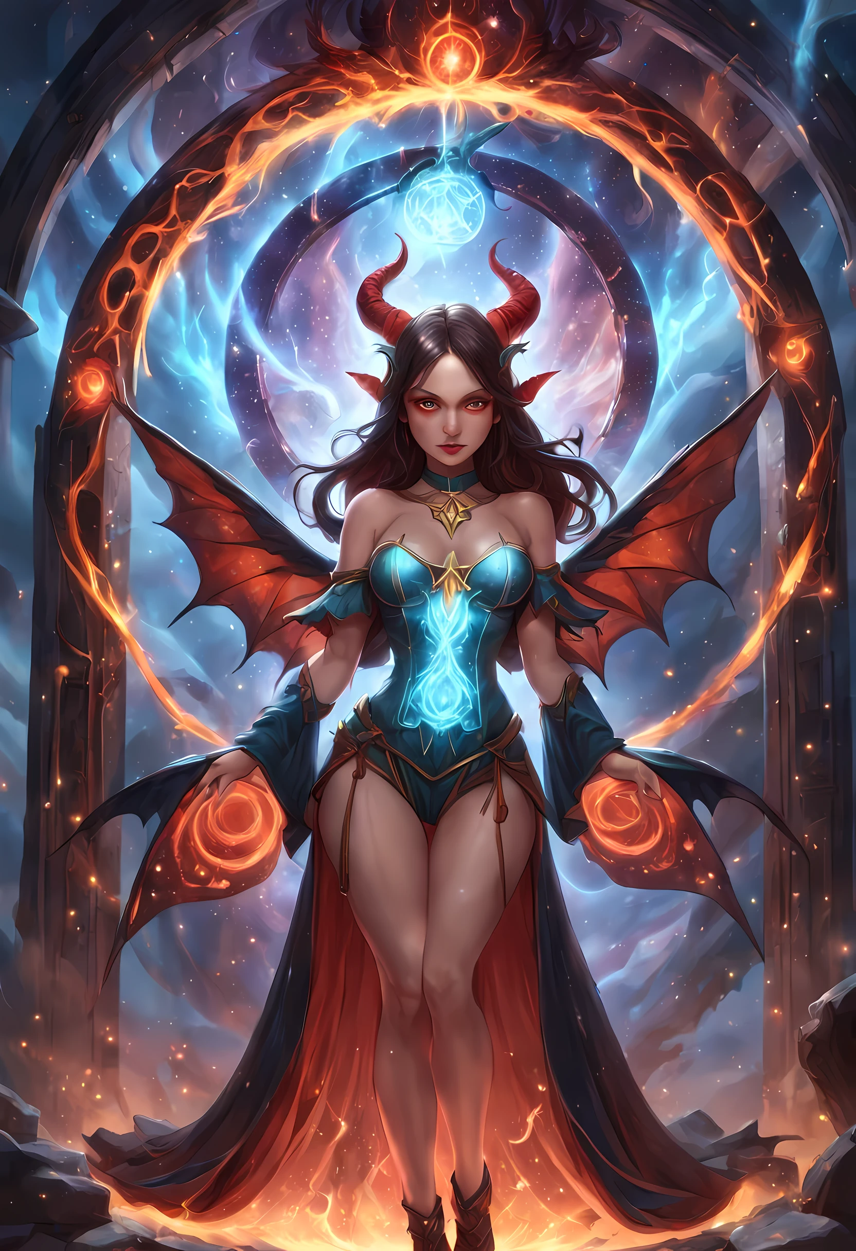 high details, best quality, 16k, [best detailed], masterpiece, best quality, (extremely detailed), a picture of a beautiful succubus looking through a (magical portal: 1.3), dynamic clothing onto heaven, the portal has magical red magical wards on it, she sees the starry heavens and bliss of heaven , GlowingRunes_paleblue, 