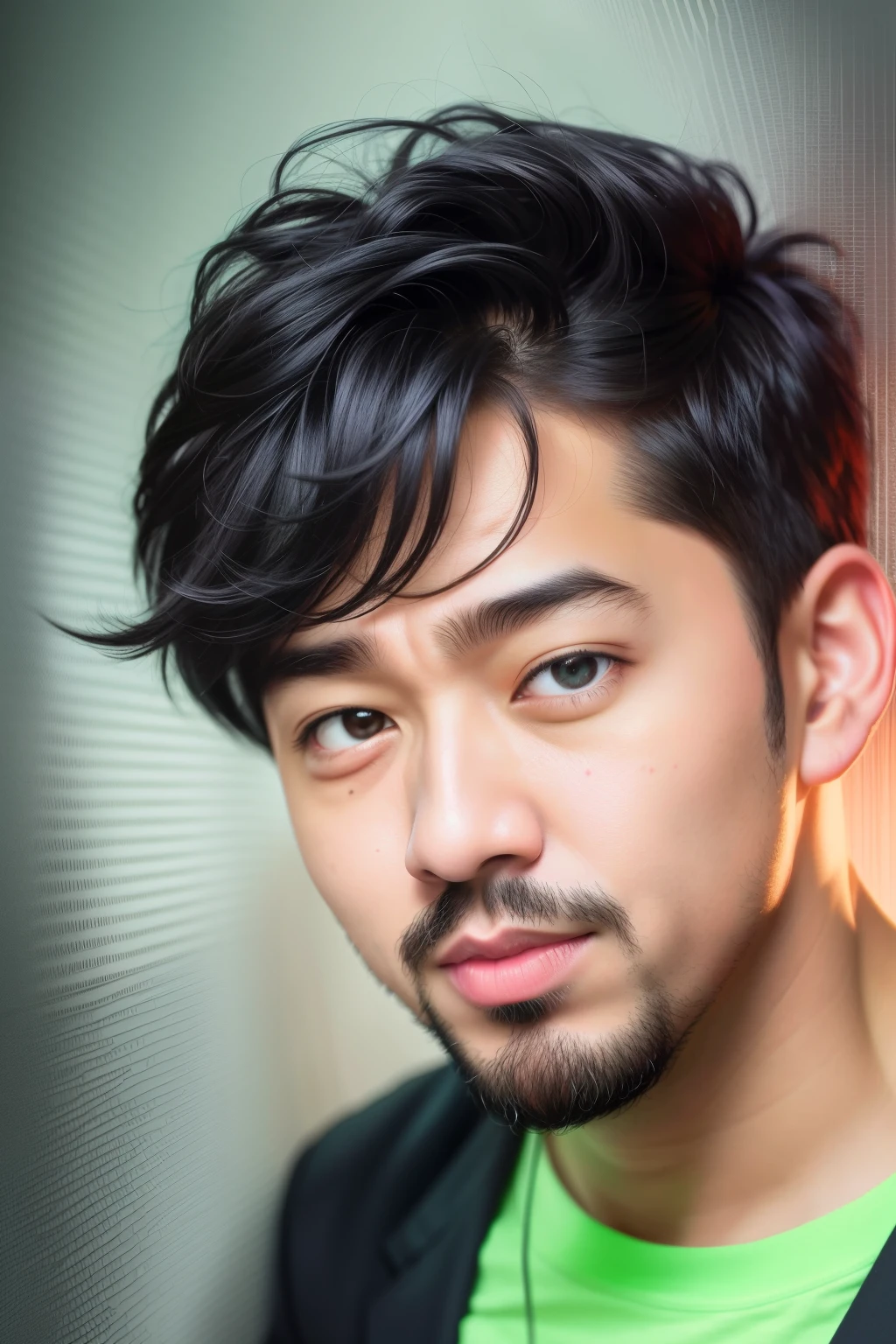 Caricatured Kpop Uncle --s2:
A man, portrayed in a humorous and exaggerated style, dons a faded green shirt and matching bottoms. His black hair, though sparse, is styled in a typical Kpop fashion, albeit with a funny twist. His facial features are distorted, showcasing overly large ears, a prominent nose, and smirking eyes. Though not physically imposing, with barely any muscles visible, his caricatured appearance radiates an endearing and amusing charm. --s2 (cartoonish: 1.3, Kpop-inspired, funny, humorous, exaggerated)