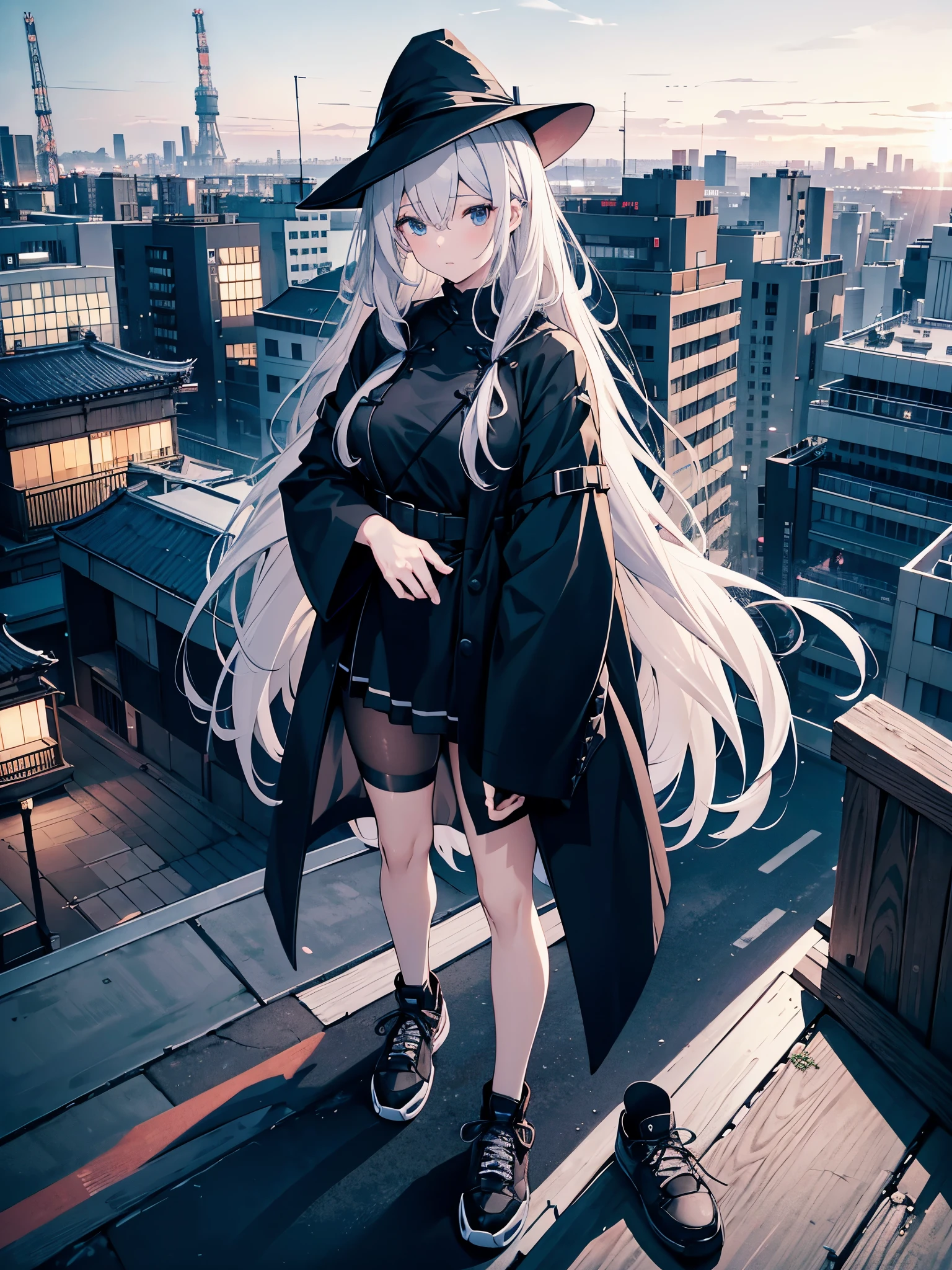 An adult woman lingering on the roof of a building overlooking the night view of Tokyo and the sea.、She has medium long, loose white hair and wears a large black witch hat with sapphire accessories.、her appearance is stylish、she is wearing a long black coat、I'm wearing a white T-shirt、Black long skirt、Black sneakers with white shoelaces、black tights、Black Short Leggings、2D illustration、Japan anime、drawn by Japanese ilastrator、high resolution、4K quality、high quality、High resolution、5 million pixels、high detail、No correction