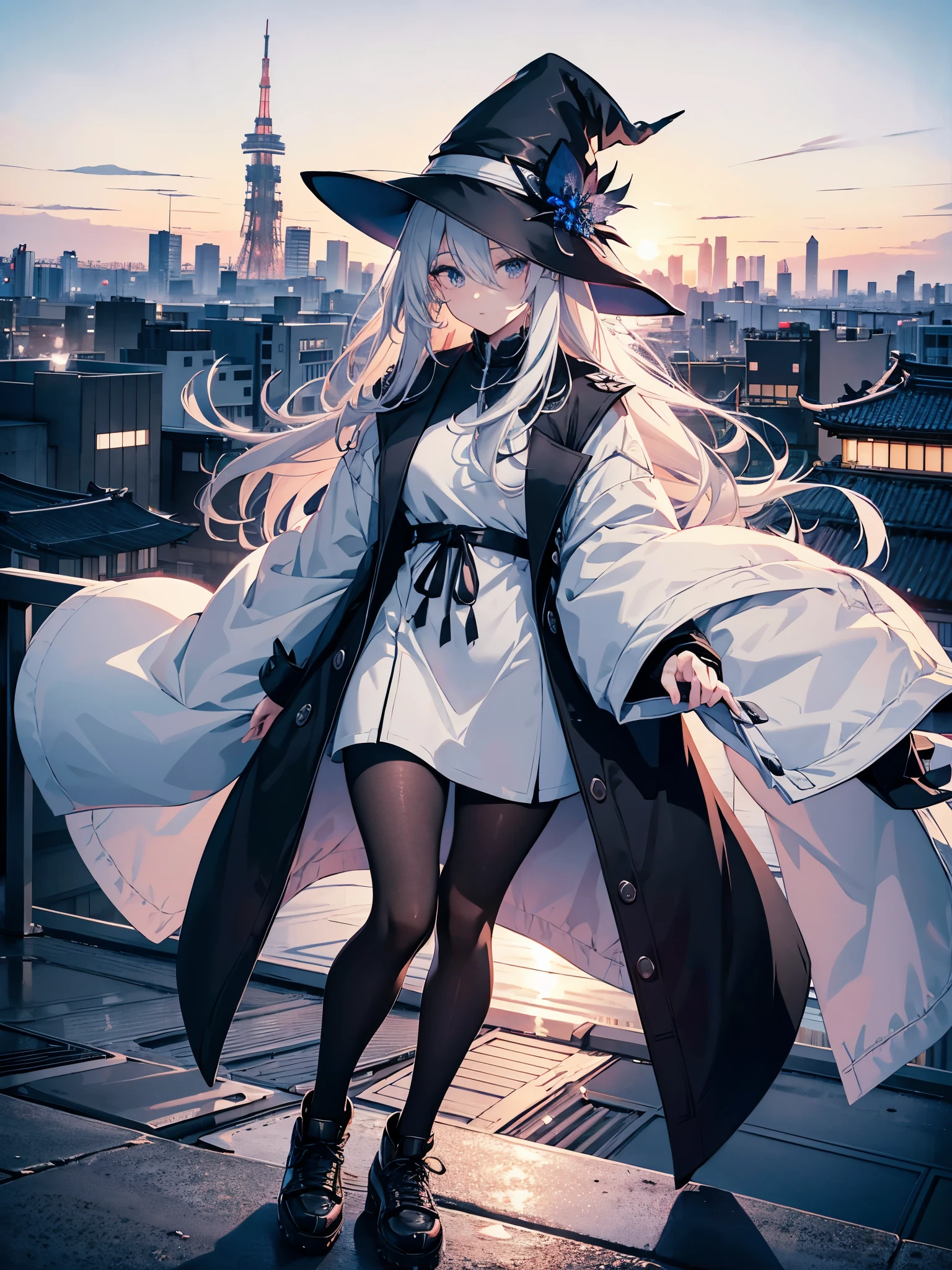 An adult woman lingering on the roof of a building overlooking the night view of Tokyo and the sea.、She has medium long, loose white hair and wears a large black witch hat with sapphire accessories.、her appearance is stylish、she is wearing a long black coat、I'm wearing a white T-shirt、Black long skirt、Black sneakers with white shoelaces、black tights、Black Short Leggings、2D illustration、Japan anime、drawn by Japanese ilastrator、high resolution、4K quality、high quality、High resolution、5 million pixels、high detail、No correction