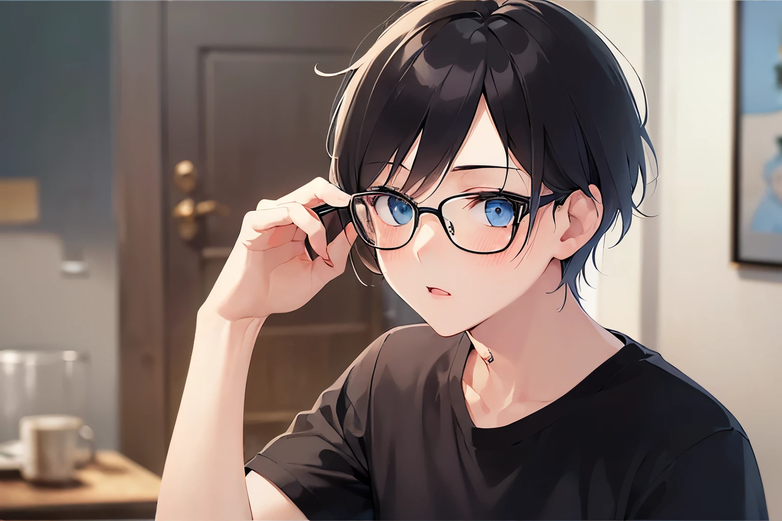 (plastic frame eyewear:1.1), (cinematic angle:1.5), masterpiece、high quality、(25 year old man with short black hair and blue eyes:1.5), hair over eyes, wearing a black T-shirt、(Alone:1.5)、(confused:1.5), (blush:1.5), (close up of your face:1.3)、(Only the upper body is shown.:1.3)、Background is living room、bold composition、