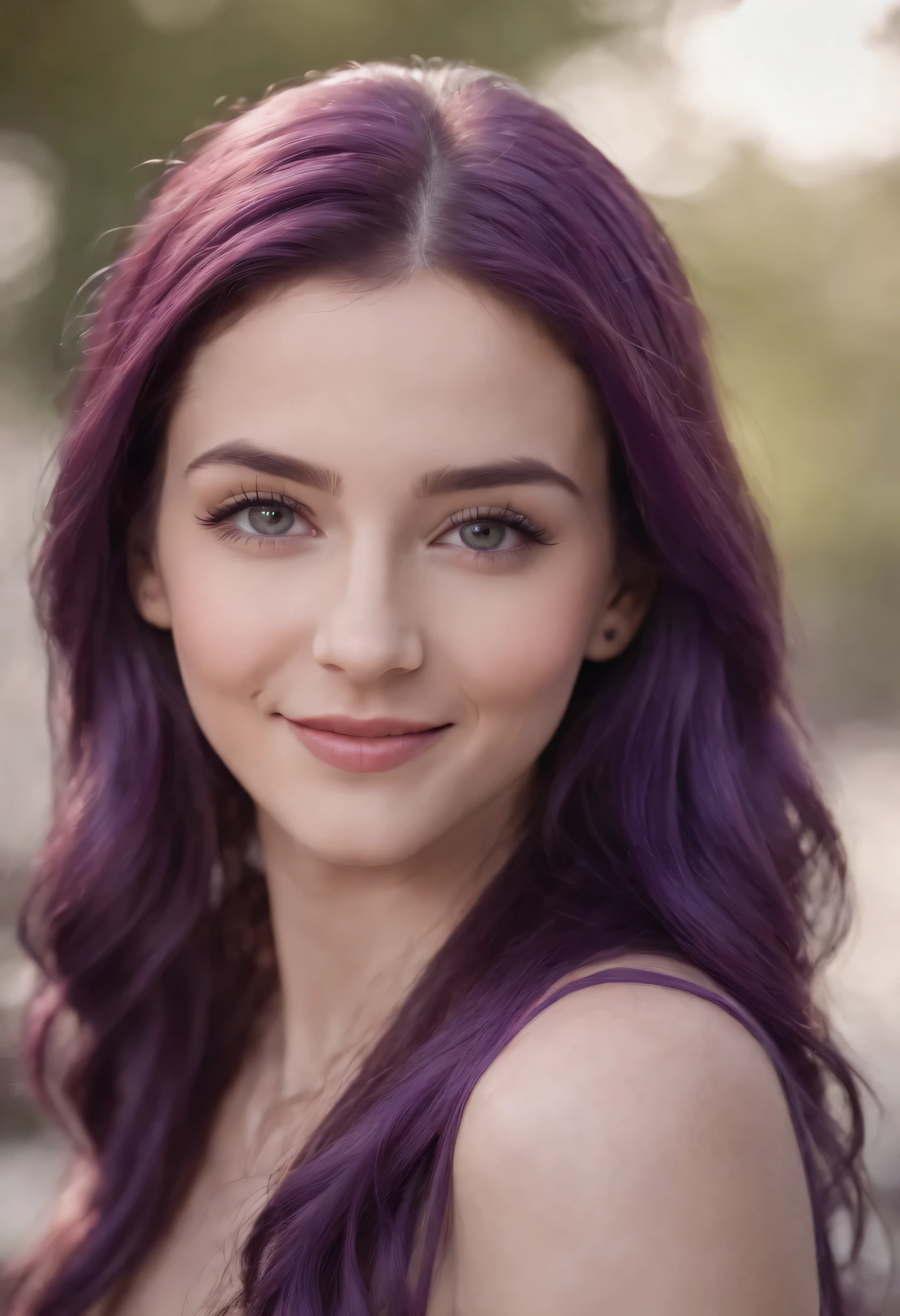 1girl, purple hair, long hair, purple eyes, smiling, 