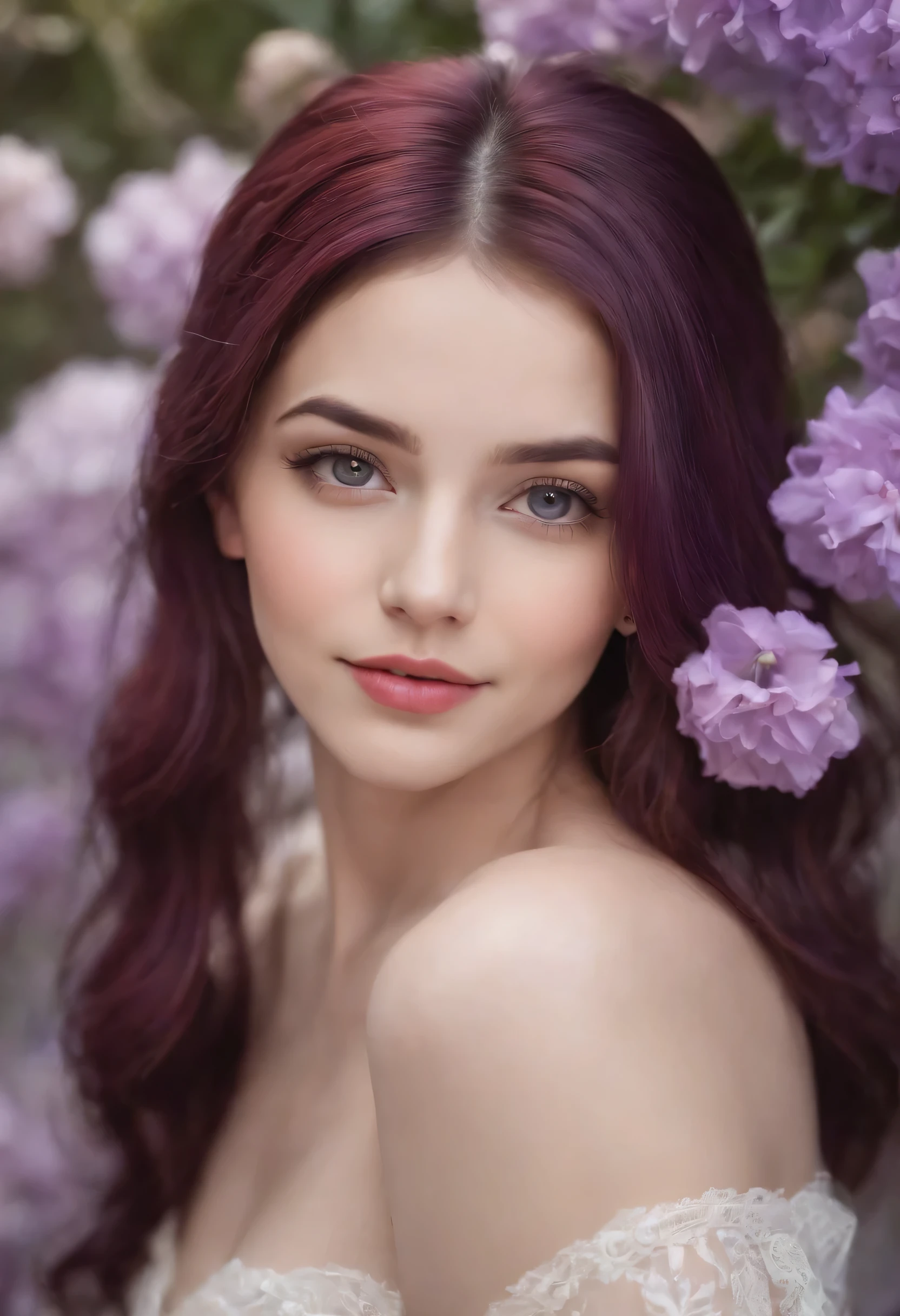 beautiful detailed eyes, beautiful detailed lips, flowers in the background, soft lighting, oil painting medium, vibrant colors, high resolution, serene atmosphere.1girl, purple hair, long hair, purple eyes, smiling, 