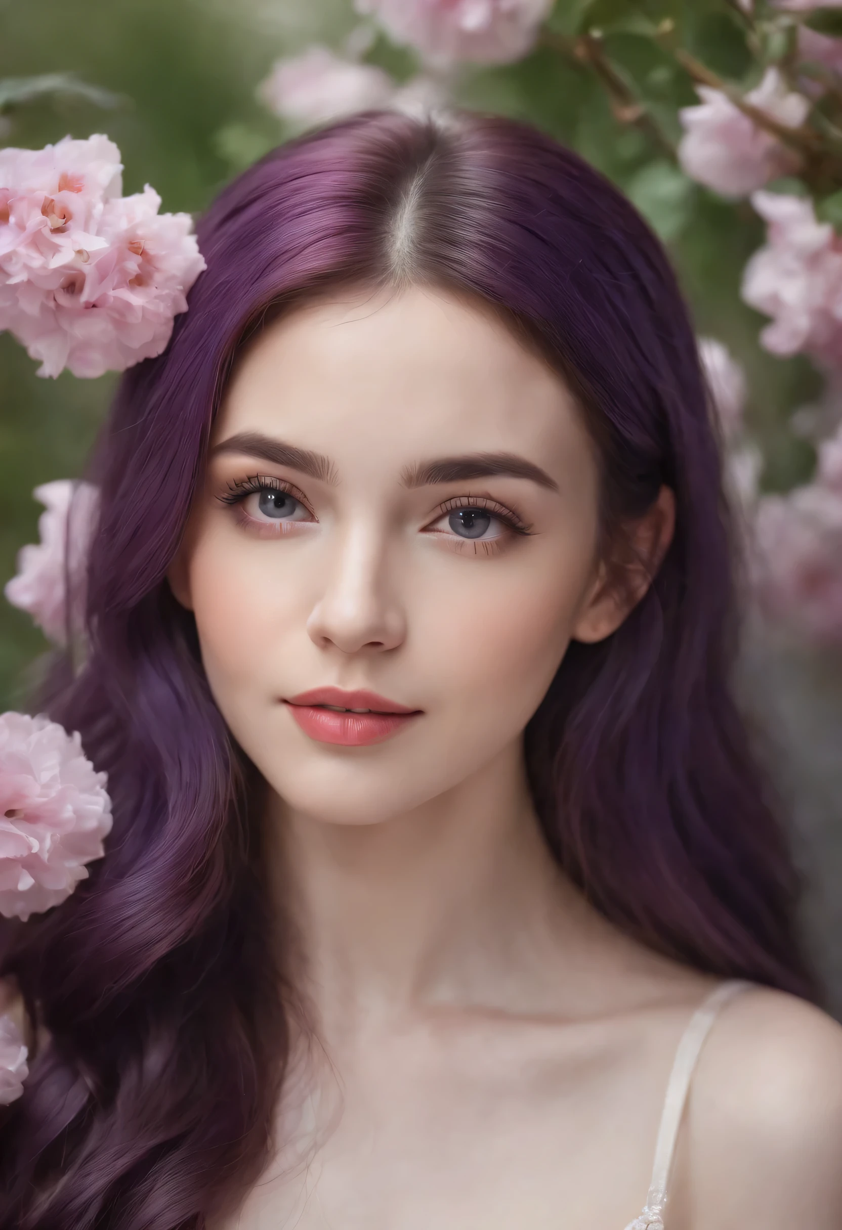 beautiful detailed eyes, beautiful detailed lips, flowers in the background, soft lighting, oil painting medium, vibrant colors, high resolution, serene atmosphere.1girl, purple hair, long hair, purple eyes, smiling, 