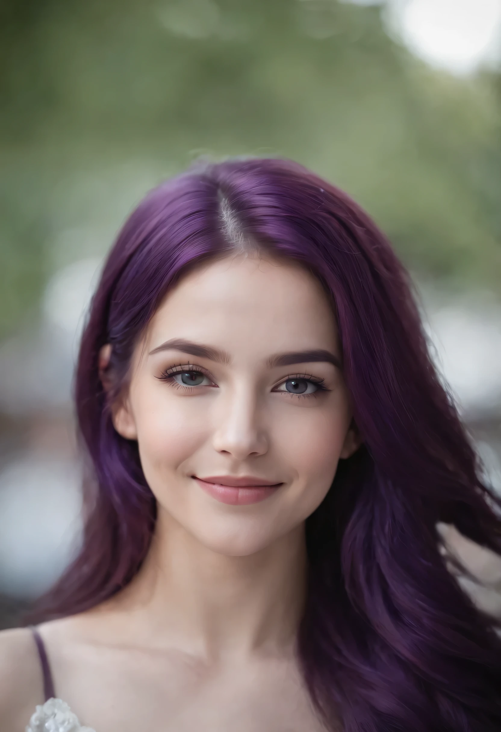 1girl, purple hair, long hair, purple eyes, smiling,
