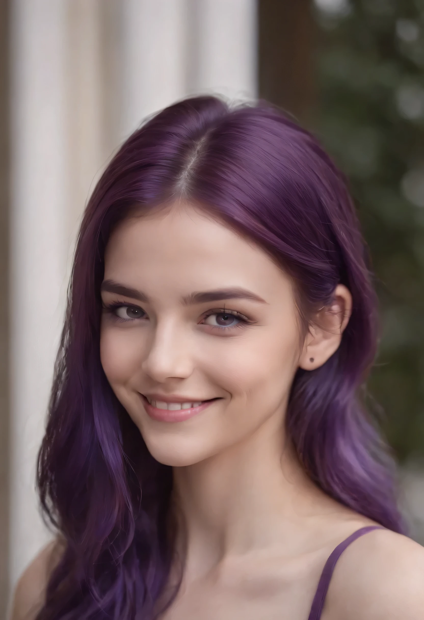 1girl, purple hair, long hair, purple eyes, smiling,