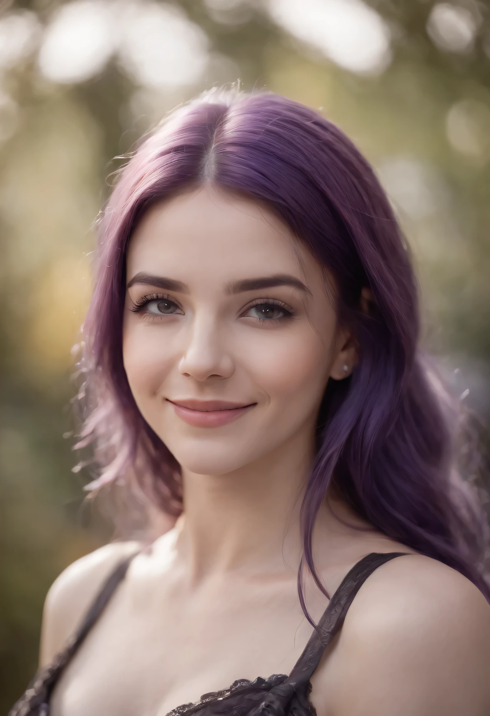 1girl, purple hair, long hair, purple eyes, smiling,