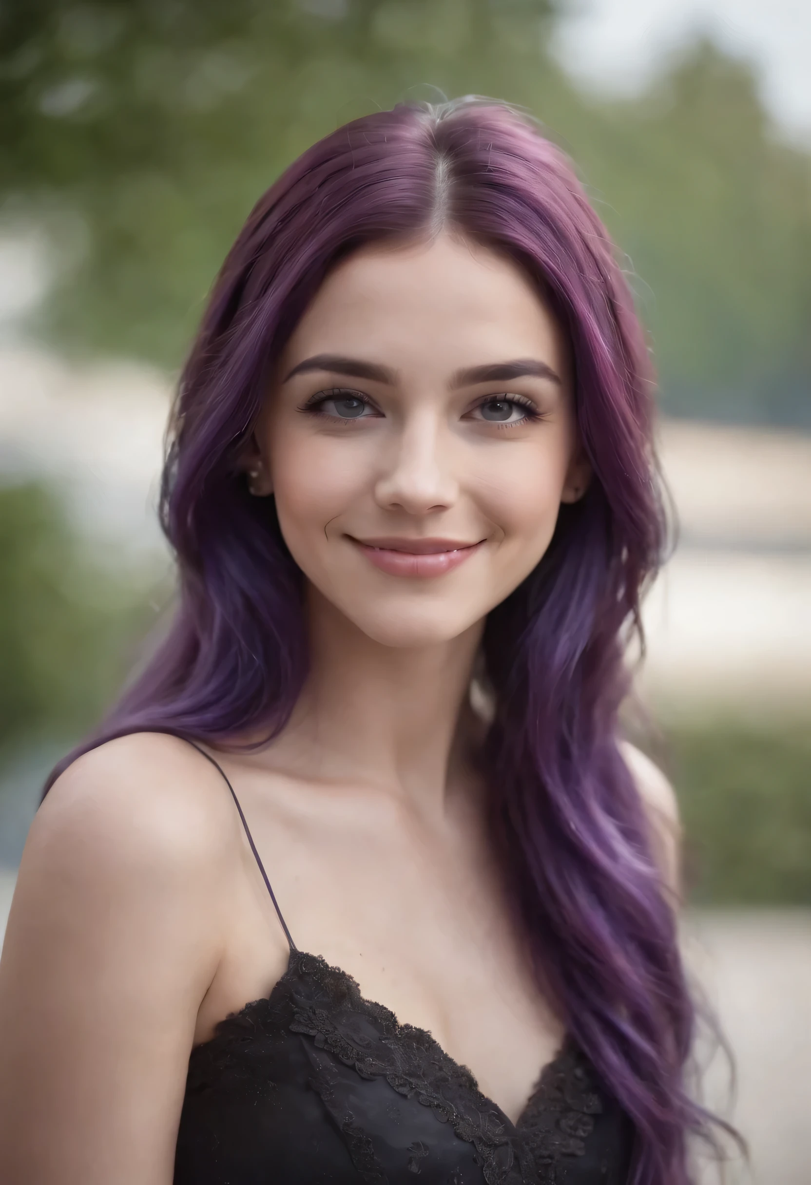 1girl, purple hair, long hair, purple eyes, smiling, 