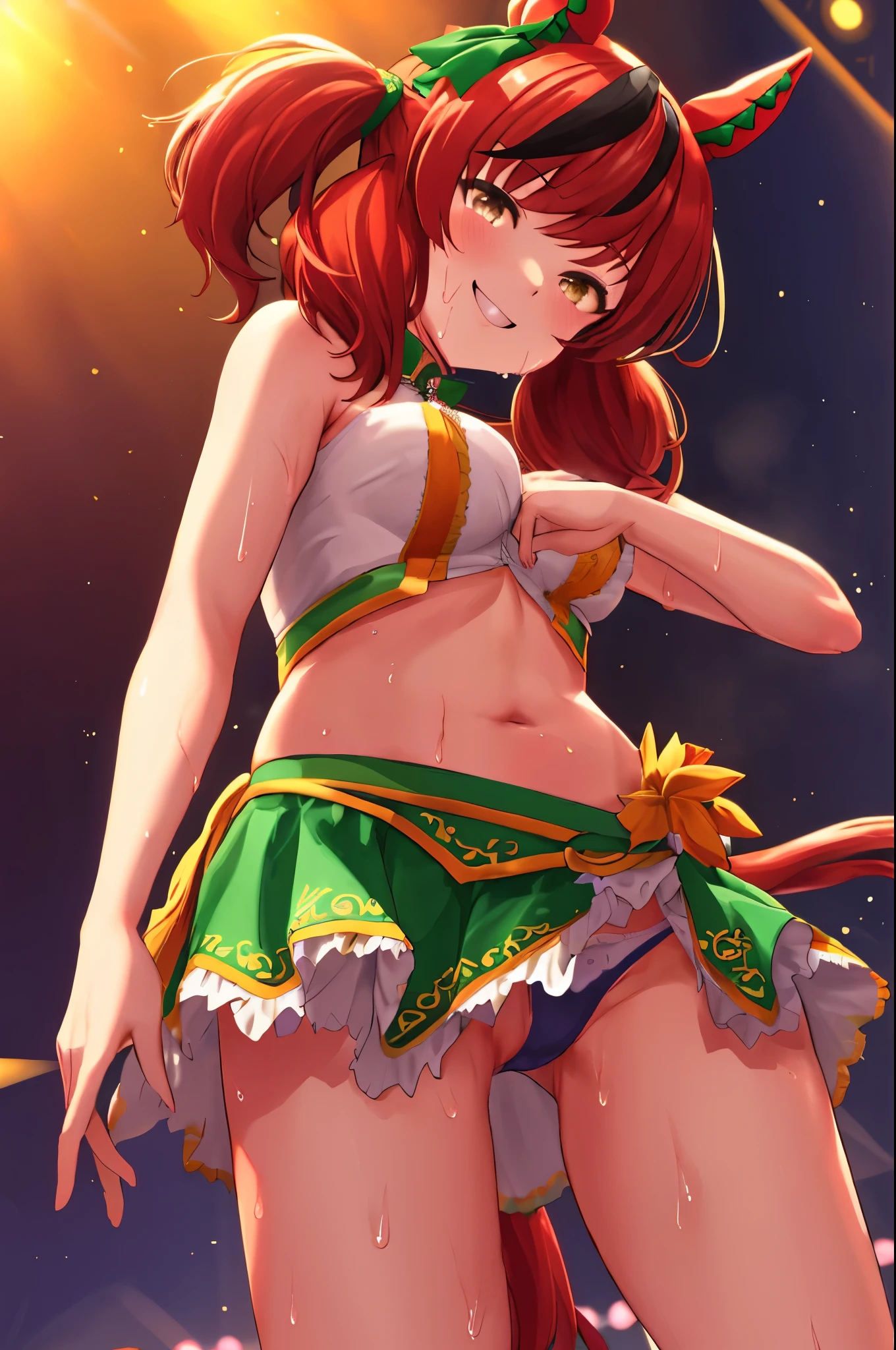 sexy dance show,Nice Nature ,Umamusume,Ultra-detailed face,top-quality,Smile,Live Stage,Stage costumes,Horse tail,sing a song,ultra miniskirt,navel,micro panties,clearvage,erected nipples,sweat,from below