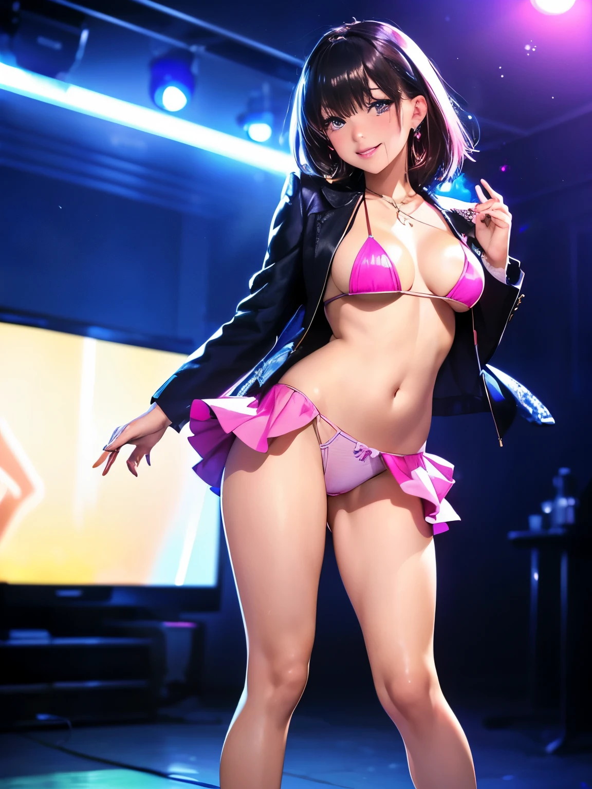 (table top: 1.3), (maximum resolution: 1.2), (Ultra HDTV: 1.2), cinema light, Ultra HDTV, (fine eyes and skin), (detailed facial features), 8K resolution, sharp focus: 1.2, perfect style, beautiful face, Accurate, anatomically correct, Highly detailed face and skin texture, fine eyes, dark blue eyes, double eyelid, thin eyebrows, (droopy eyes:0.65), (glitter eyeliner:1.2), natural cheeks, (sweaty skin), (Fair skin:1.2), shiny necklace and earrings, (glossy lips: 1.4), break, absurd, one person's perspective, (She is a very cute nightclub staff member), (While wearing a white string micro bikini:1.2), break, (Wear a formal jacket:1.3), break, ((skirt:1.2)), ((Make string panties look lighter:1.2)), (high heels), break, (shy smile:1.2), ((18-year-old, Very cute and neat girl:1.3)), (Mr.々hairstyle), ((black and brown hair:1.4)), medium long hair, break. ((full body shot: 1.4)), (looking at the viewer:1.2), ((Dance with your chest sticking out:1.4)), (On the dance floor)), (focus on the chest:1.6), (from below), (medium to large breasts:1.2), cleavage, ((In a super erotic nightclub:1.4)),, break, ((Pink Neon Lights:1.2)), (((dim lighting:1.3))),