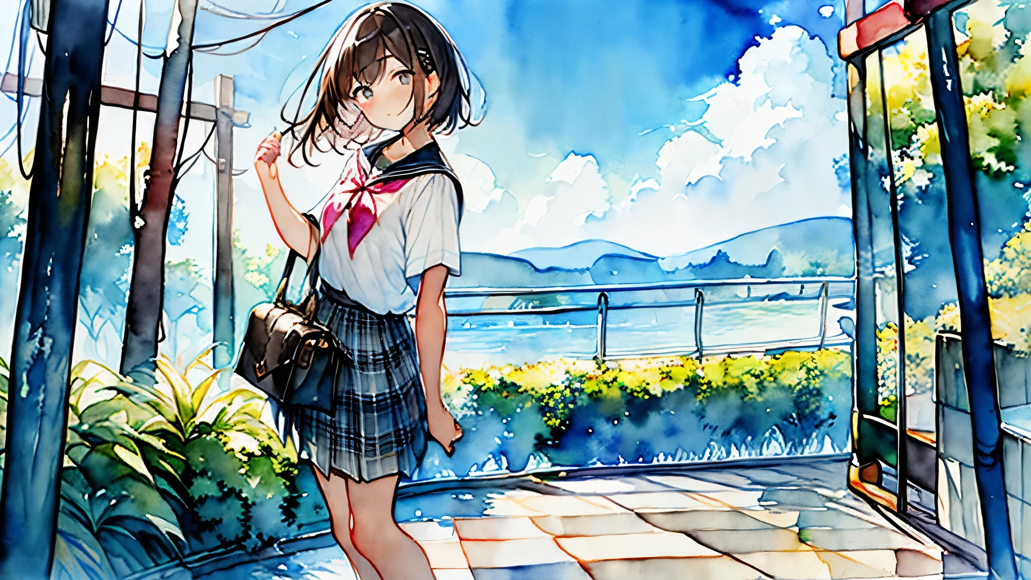 ((masterpiece,best quality)) (((Watercolor:1.3))), Beautiful, (masterpiece:1.3), top quality, 16k, 8k, high resolution face, perfect lighting, ((perfect anatomy, ridiculous quality)), ((beautiful face)), (((perfect face, perfect face shape))), ((distant view)), ((pale color:1.3)), ((low saturation)), ((1girl)), ((solo)), (stand still), strong ambient light, (( (full body))), school uniform, blue bow, plaid, plaid skirt, pleated skirt, short sleeves, skirt, (((short bob hair))), dark brown hair,((gazing into the distance)), ((gazing at something off-frame)), light gray eyes, ((slender)), ((little surprised)), wide eyes, ((big eyes)), (((college age))), barefoot, fluttering skirt, ((sky)), (sea),