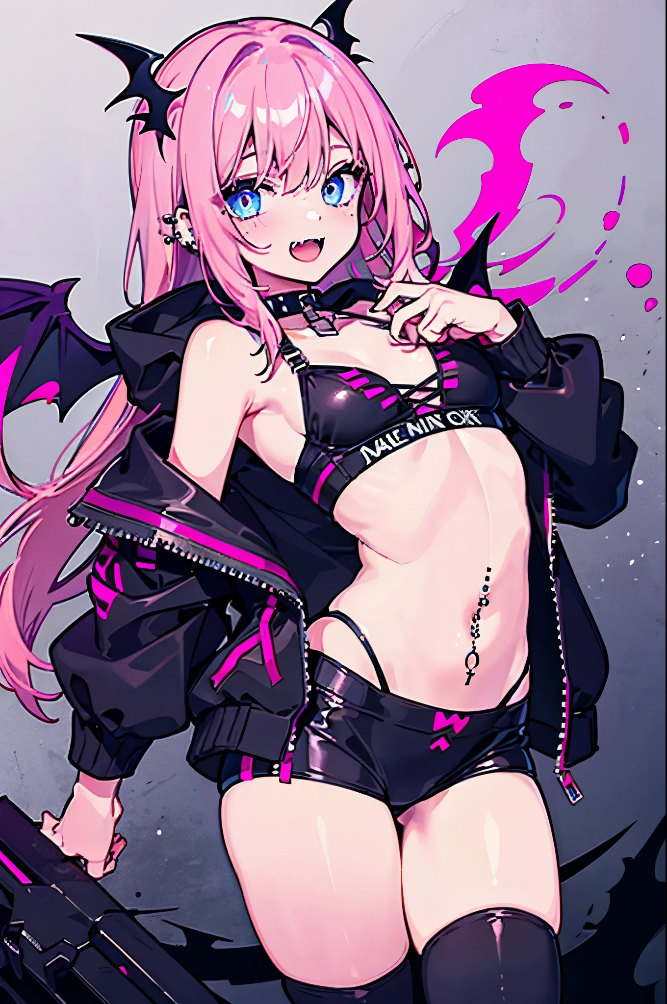 One girl, solo, big tits, pink hair, muddy blue eyes, under eyes, dark circles, tight underwear, big black jacket, thorn piercing, navel piercing, fangs, small black angel wings, fallen angel,
Gothic punk