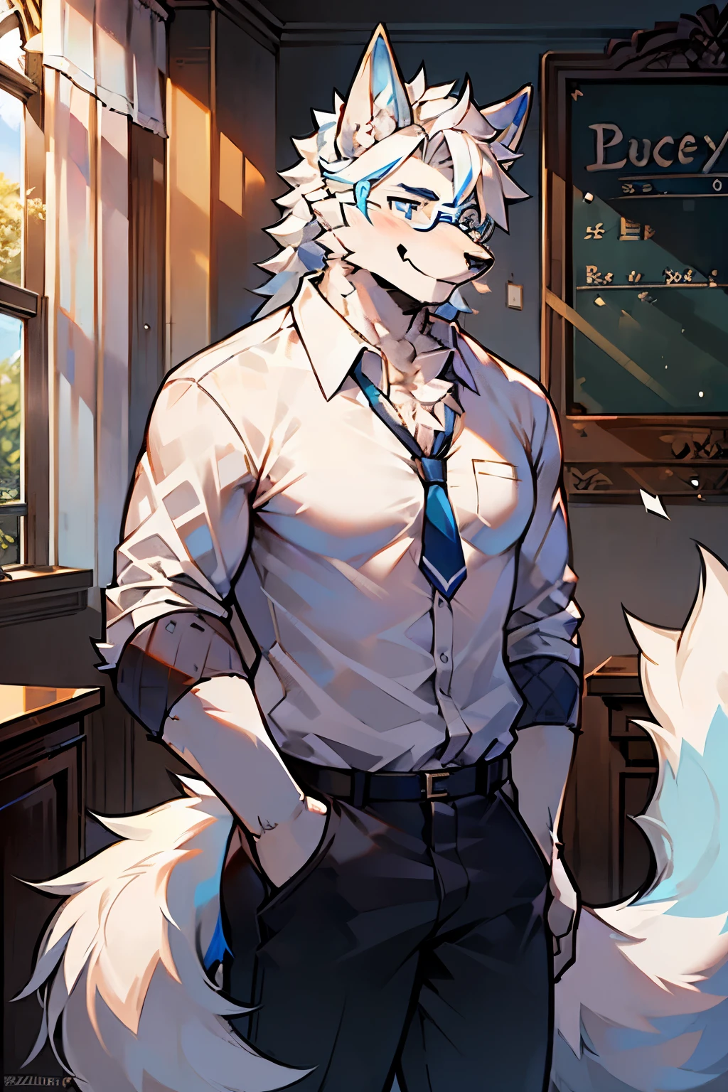 the only person,hairy male,hairy body,exhibit,Coyotes,canine,Blue-white fur,long white hair,The ends of the hair are purple,blue eyes,being bullied,Lovely,Handsome,big tail,all men love,at class room,is a male math teacher,Write blackboard words,White shirt,Perfect glasses