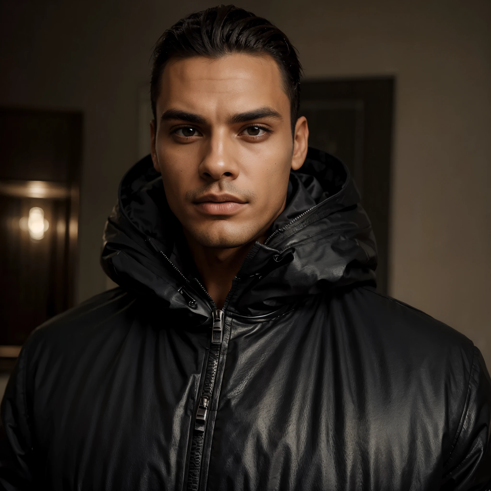Um cara negro, com jaqueta puffer elegante, homem negro, jaqueta puffer, elegant visto de frente