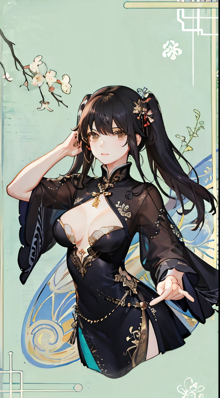 girl,whole body,(detailed face:1.2), masterpiece, fashion,China dress,, medium hair, black hair, twin tails, dull bangs, brown eyes,Mucha，nipple