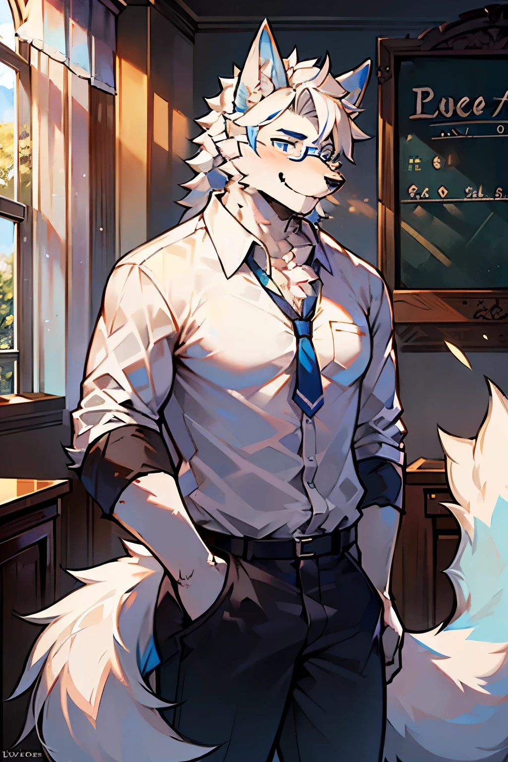 the only person，hairy male，hairy body，exhibit，Coyotes，canine，Blue-white fur，long white hair，The ends of the hair are purple，blue eyes，being bullied，Lovely，Handsome，big tail，all men love，at class room，is a male math teacher，Write blackboard words，White shirt，Perfect glasses