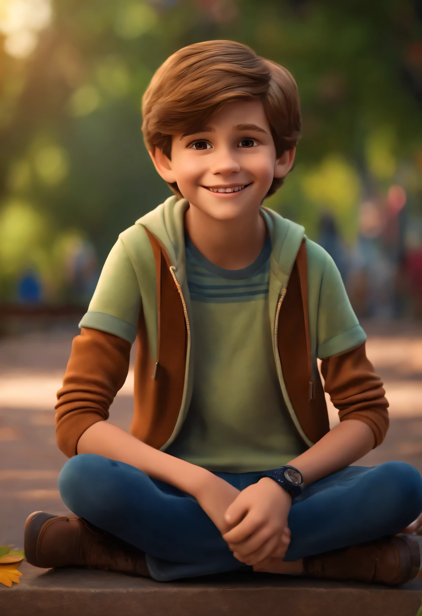 imagem de um menino de 10 anos, cabelo castanho claro, for a story in a YouTube video in Pixar format. He's outgoing, frisky, muito sorridente em um parque