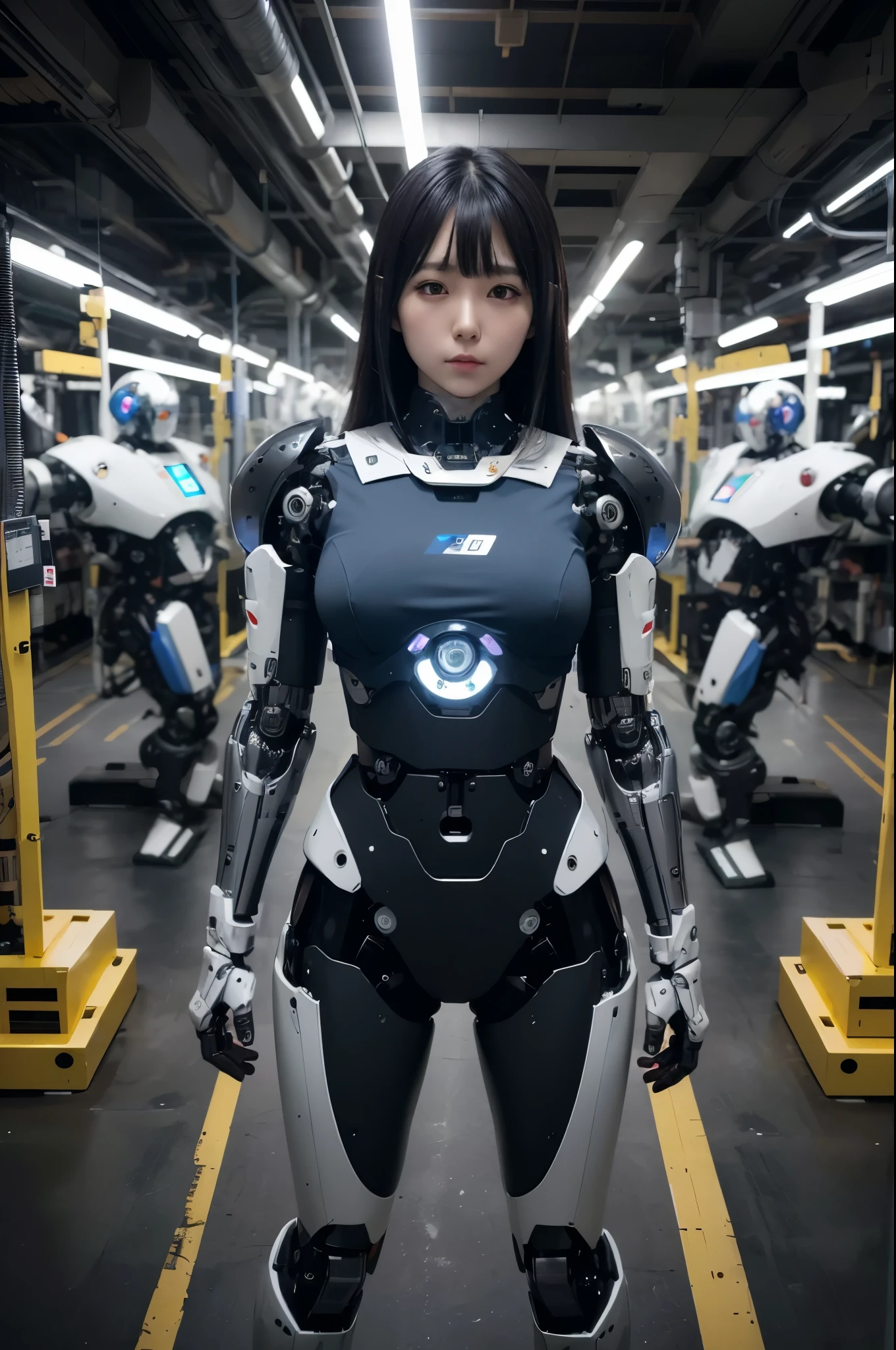 masterpiece, best quality, extremely detailed, Japaese android girl,Plump , control panels,android,Droid,Mechanical Hand, Robot arms and legs, Black hair,Blunt bangs,perfect robot girl,long tube,thick cable connected her neck,android,robot,humanoid,cyborg,japanese cyborg girl ,robot-assembly plant,She is assembled now,assembly scene,chest monitor camera eyes