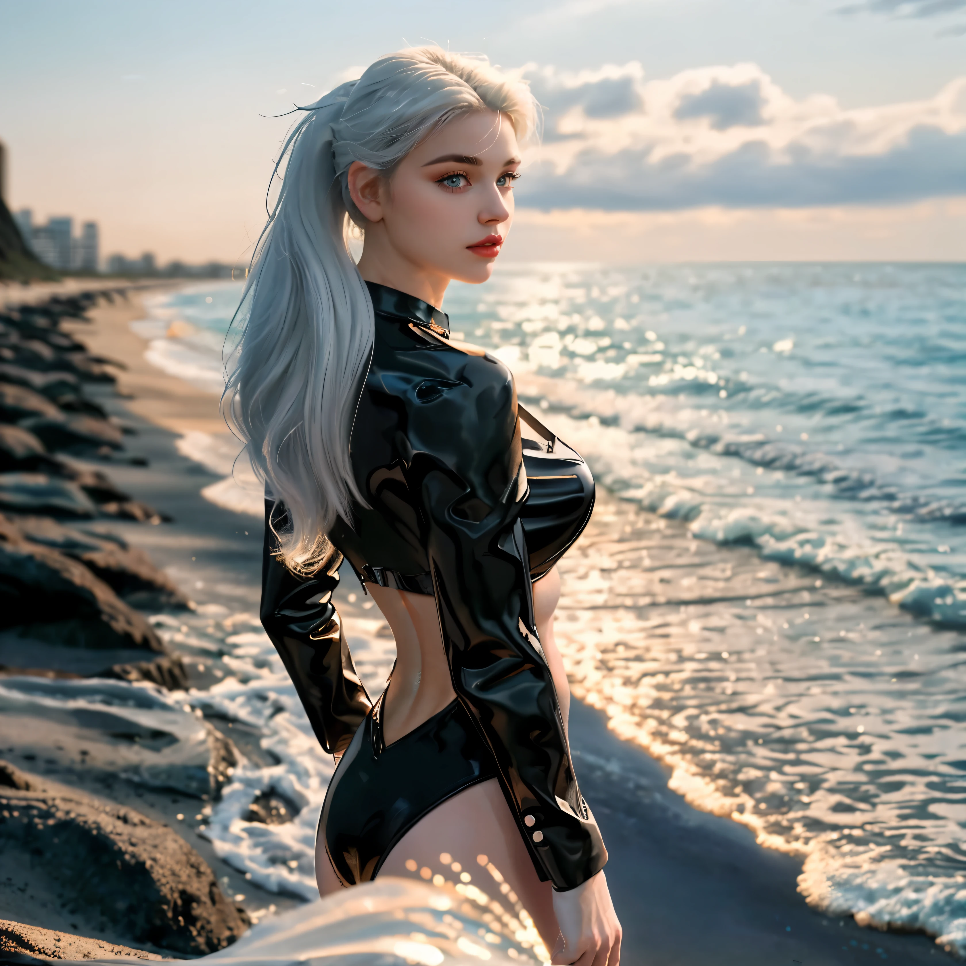 masterpiece, best quality, hyperrealistic, cinematic photo,  girl, pale skin, Russian amazing hourglass body, black bikini, ponytail white hair, big, (beach background), modern style, (8k, epic composition, photorealistic, sharp focus), sophisticated background, DSLR, foil grain, backlight,